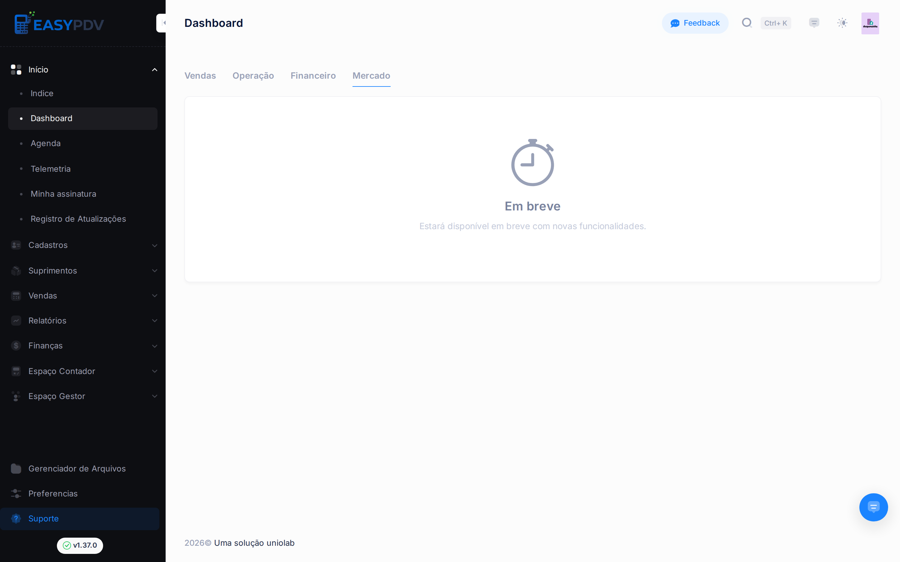 Aba Mercado do Dashboard, funcionalidade em desenvolvimento