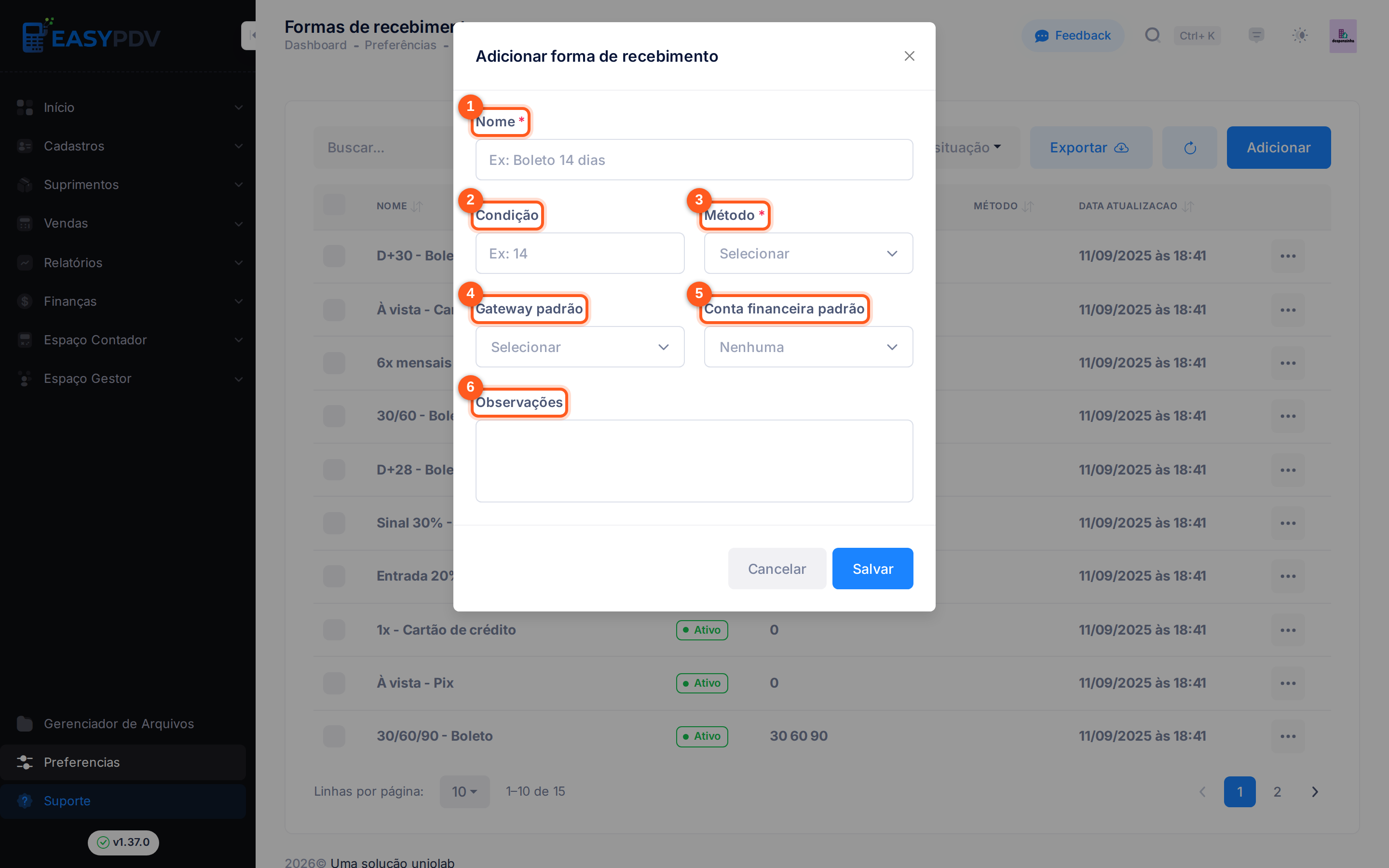Modal Adicionar forma de recebimento, com os seis campos numerados