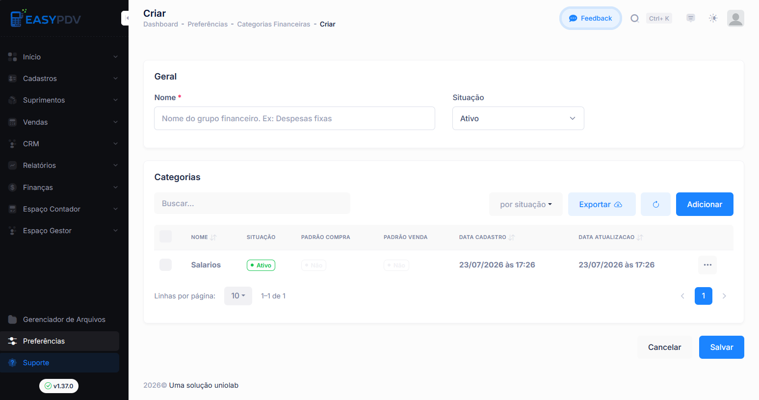 Página Criar grupo de categorias, com o bloco Geral e a tabela Categorias