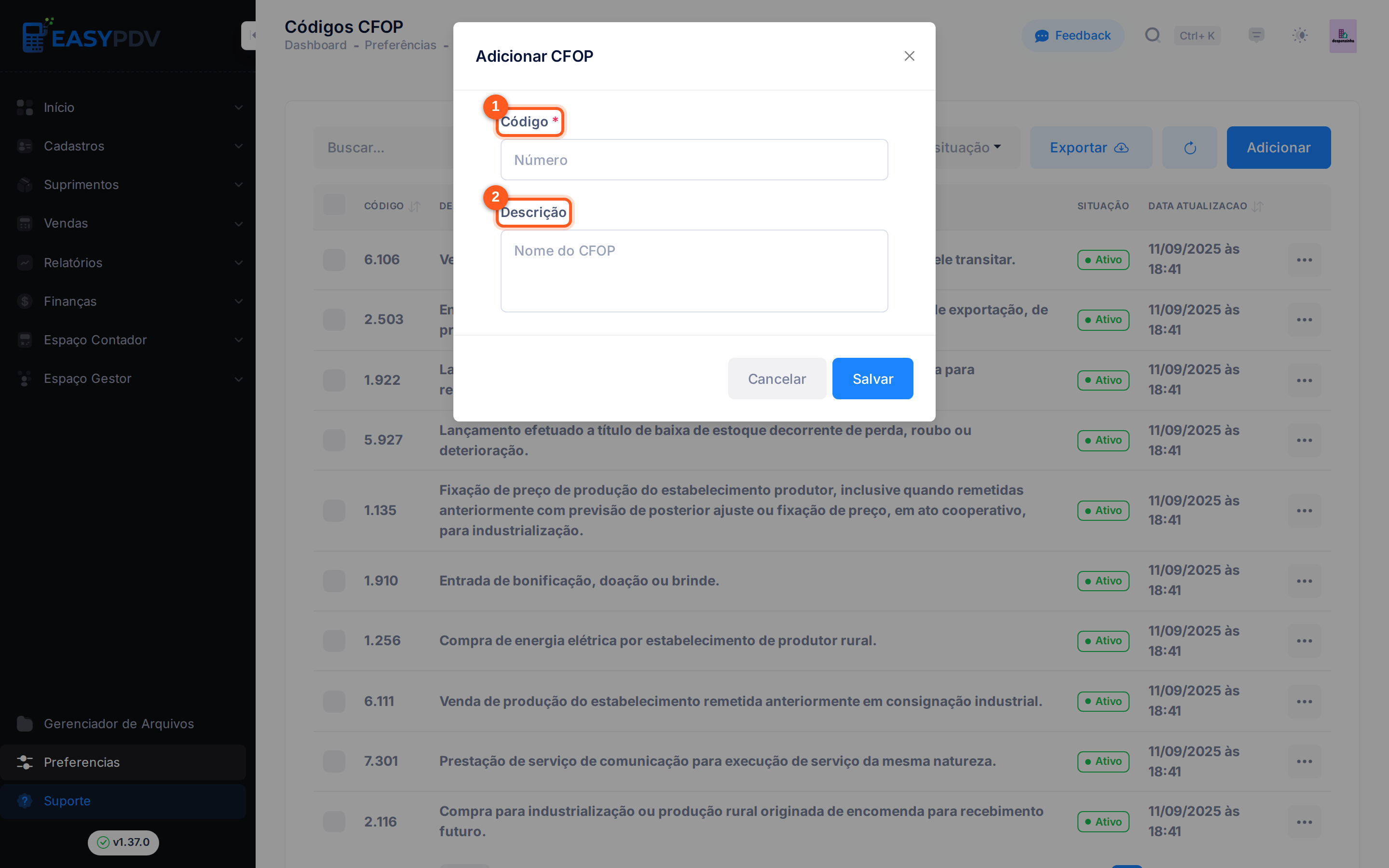 Modal Adicionar CFOP com os campos Código e Descrição