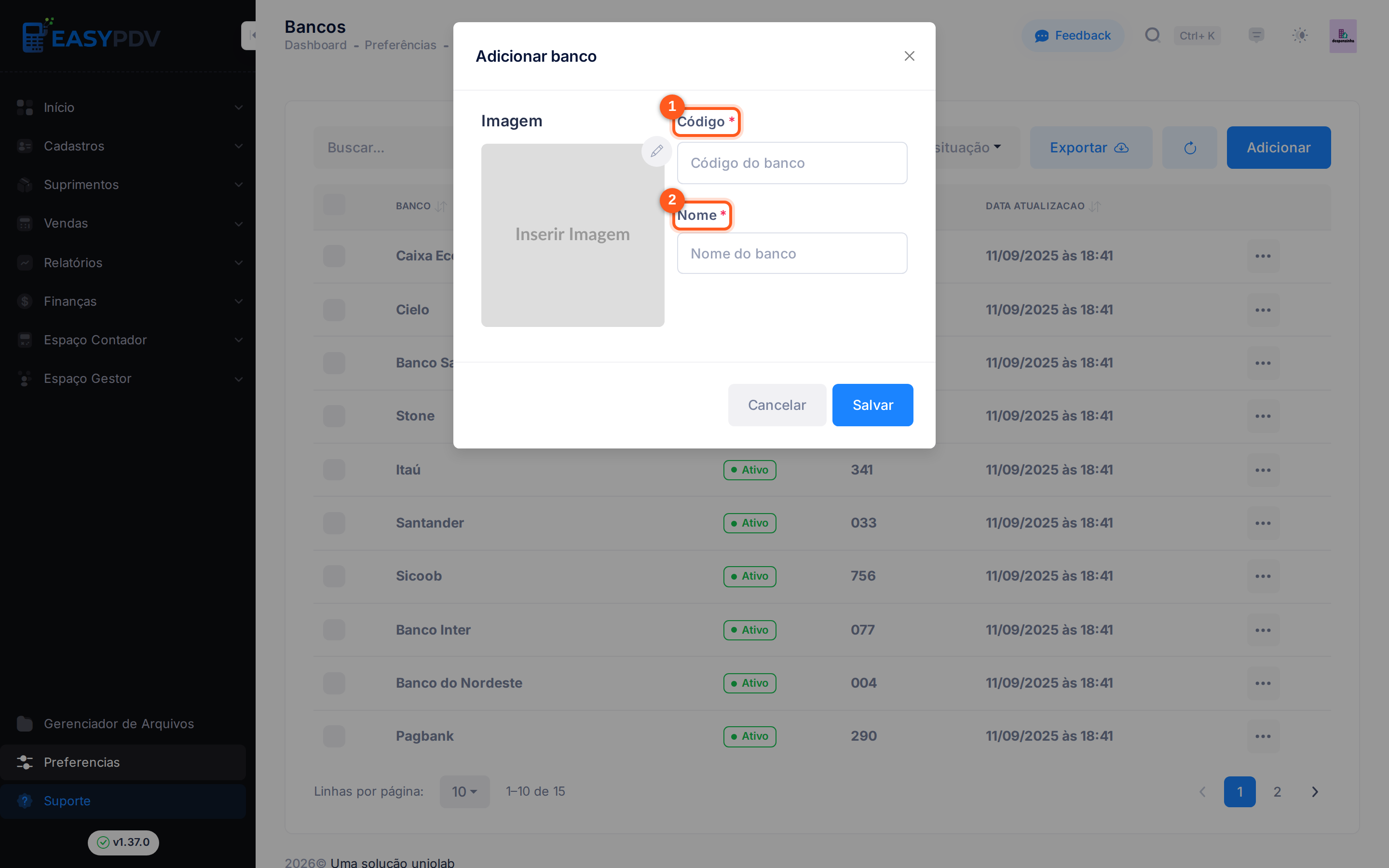 Modal Adicionar banco, com os campos Código e Nome numerados