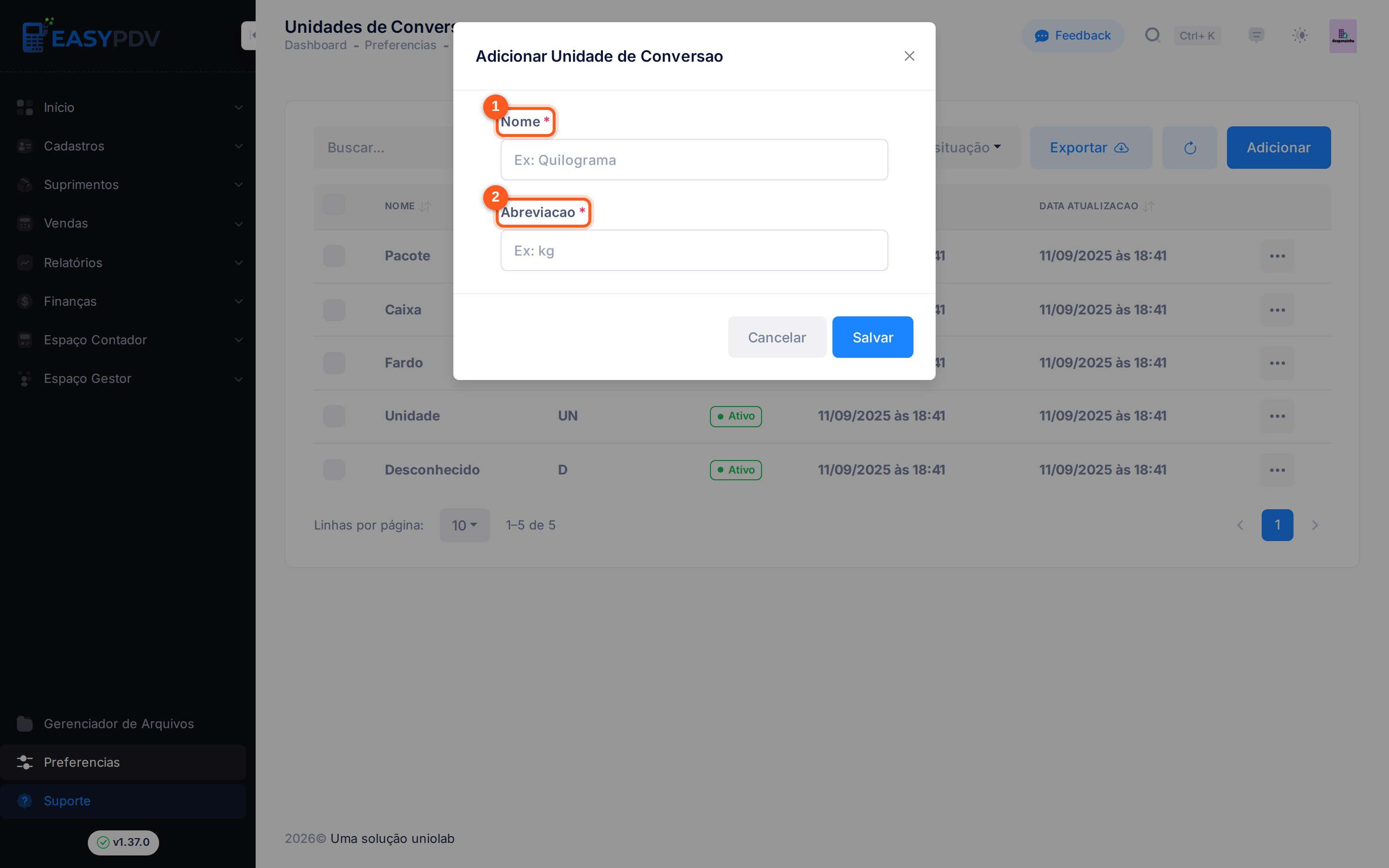 Modal de cadastro de unidade de conversão com Nome, Abreviação e fator de conversão