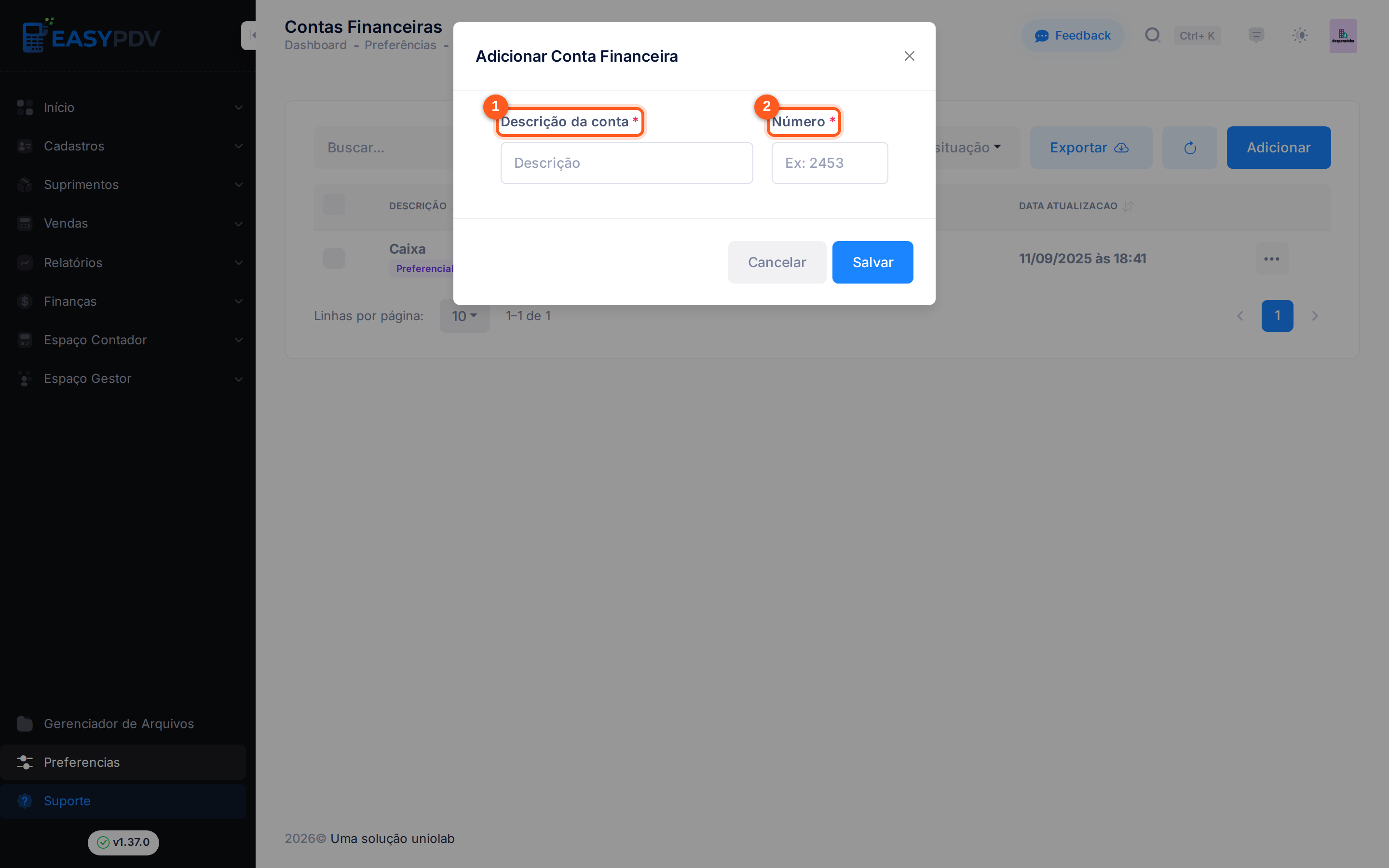 Modal Adicionar Conta Financeira, com Descrição da conta e Número numerados
