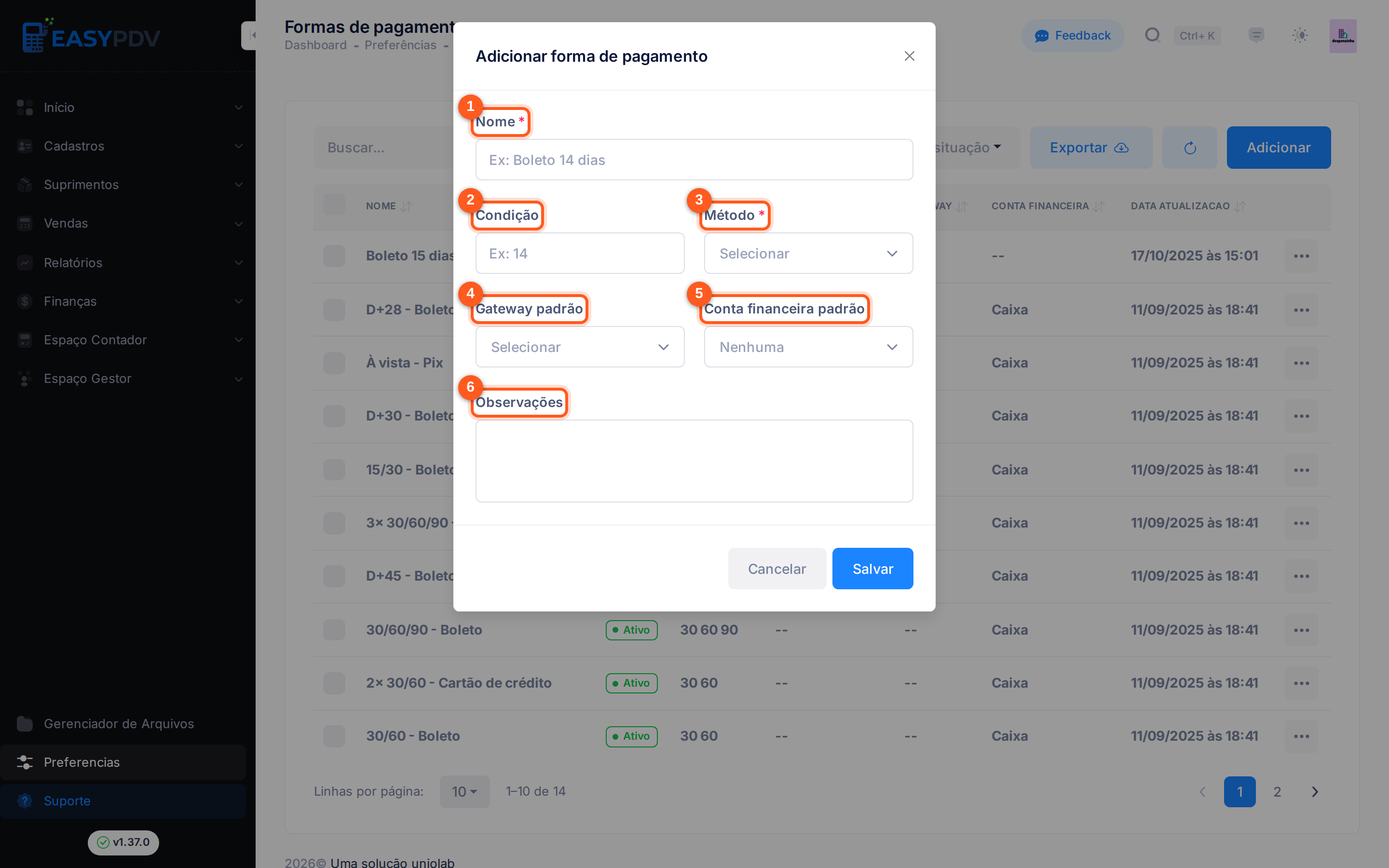 Modal Adicionar forma de pagamento, com os seis campos numerados