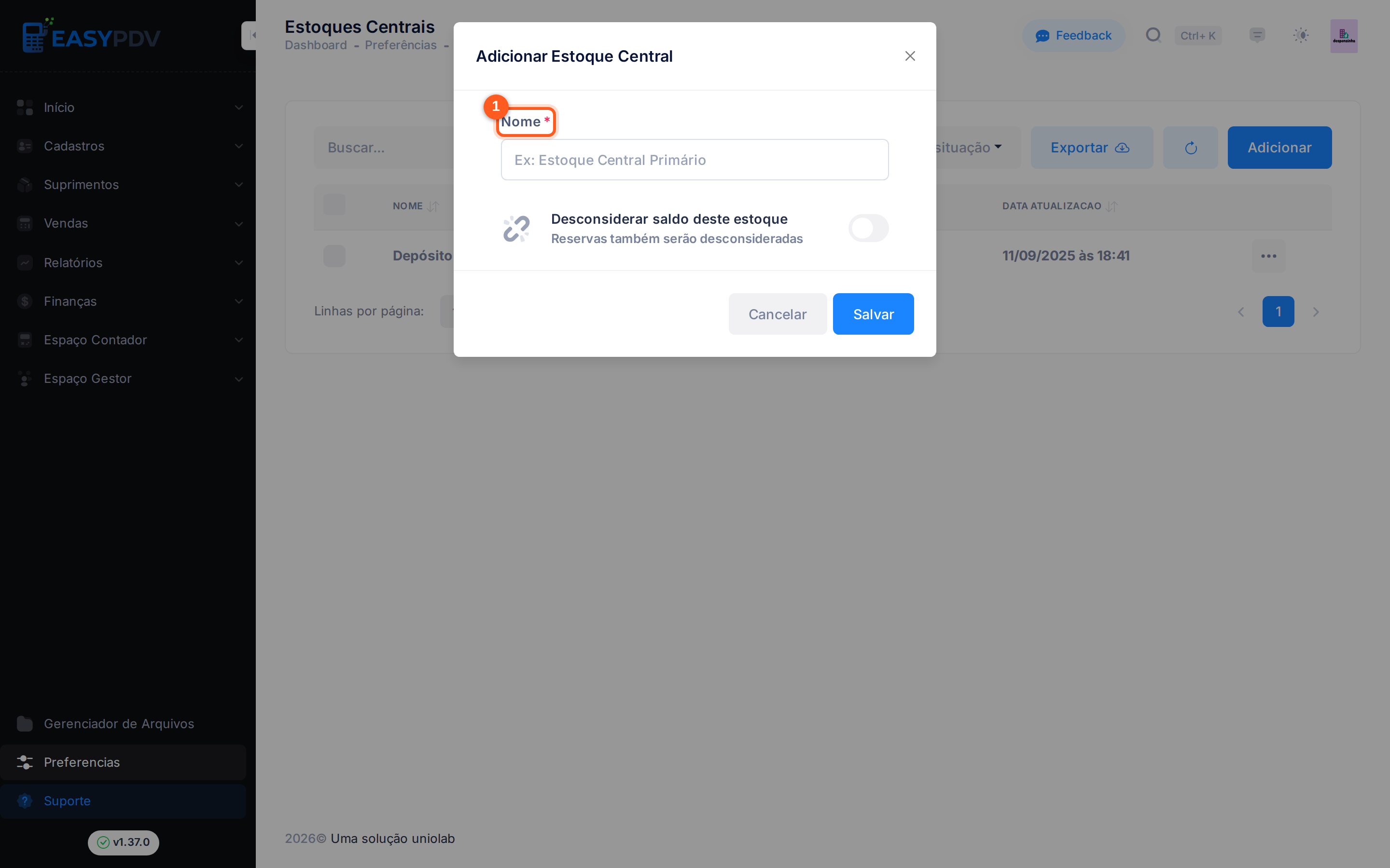 Modal Adicionar Estoque Central com o campo Nome e o botão de desconsiderar saldo