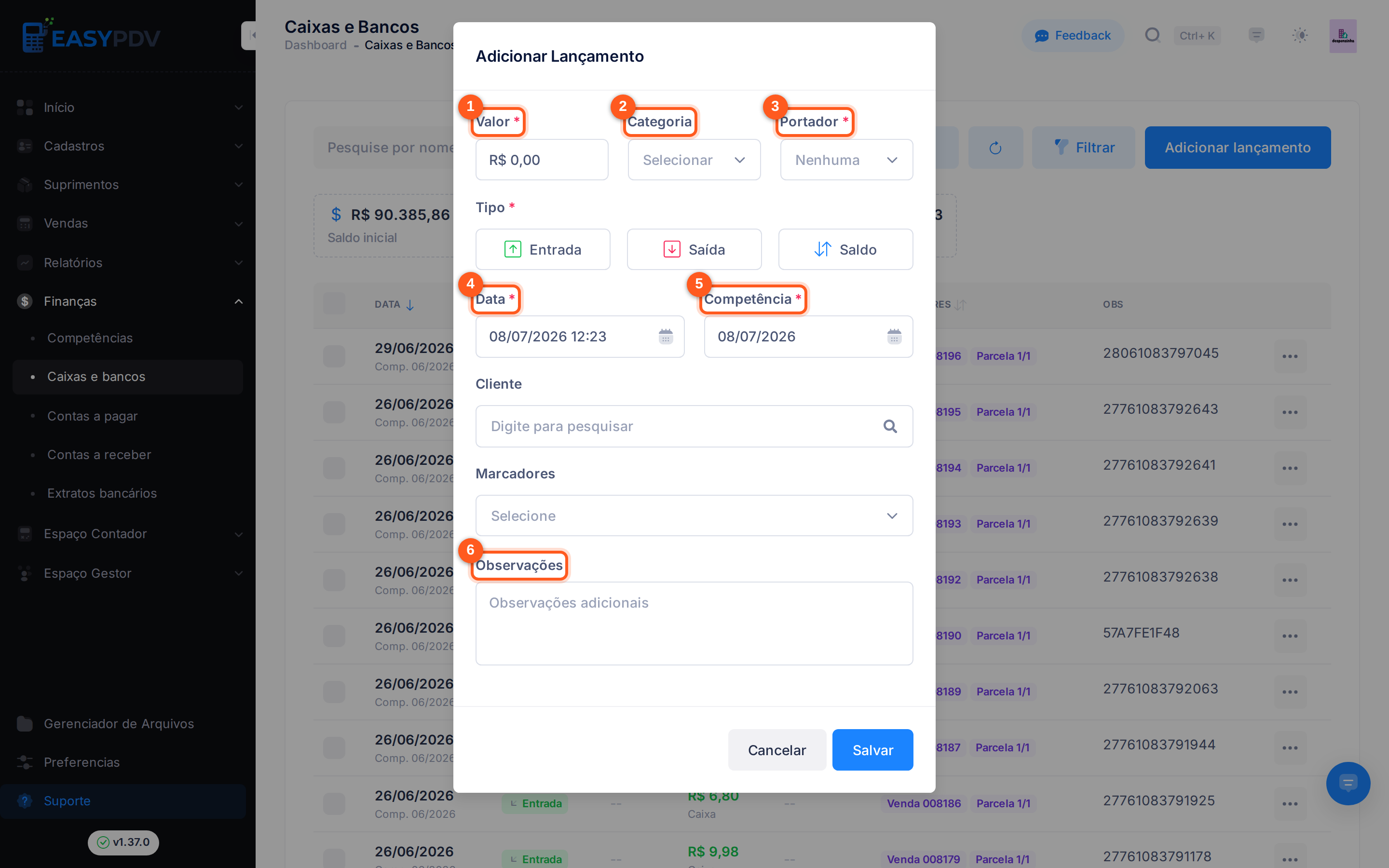 Modal de adicionar lançamento com os campos Valor, Categoria, Portador, Data, Competência e Observações