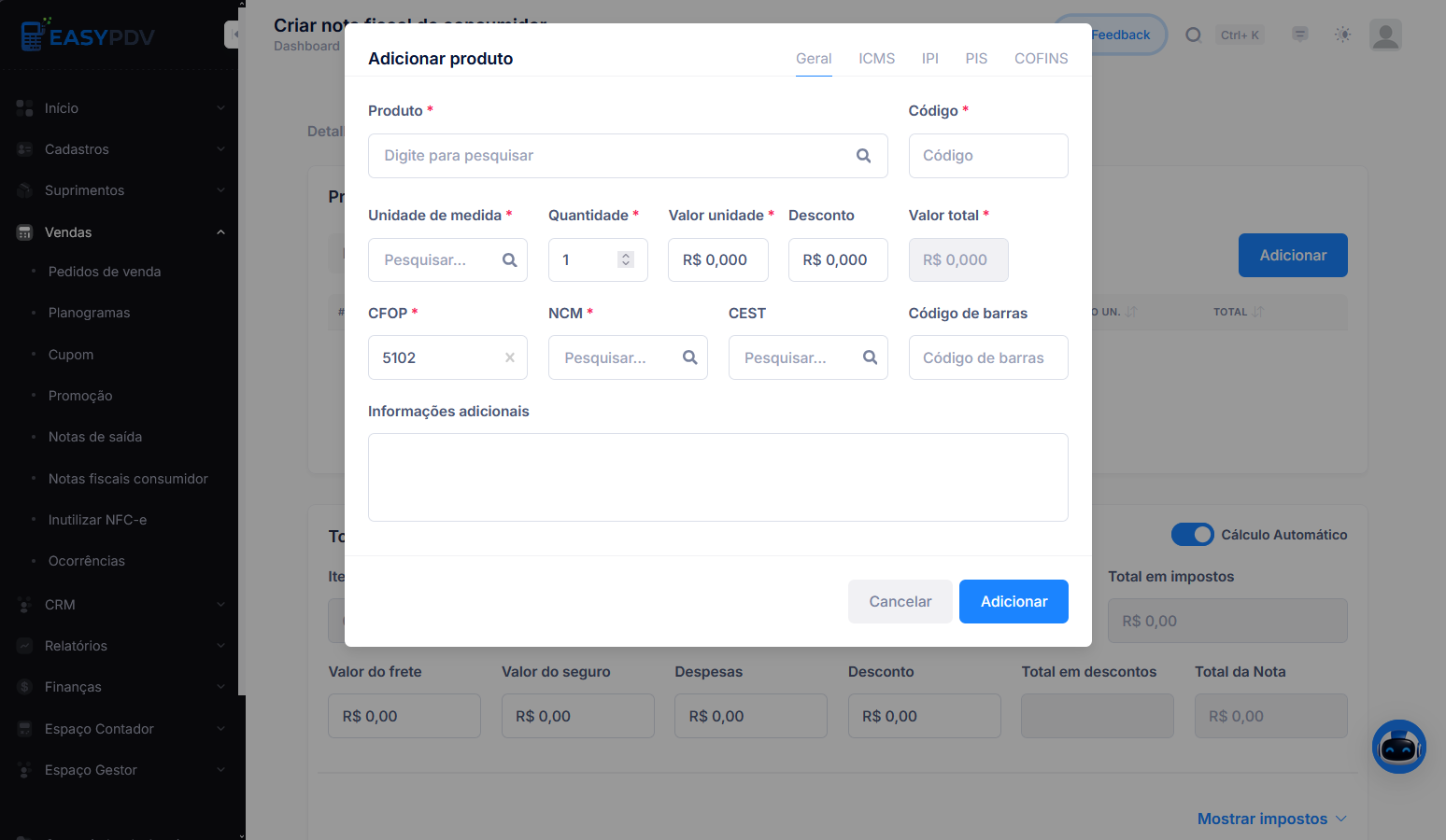 Aba Produtos e Pagamento com o botão Adicionar destacado e os Totais da nota