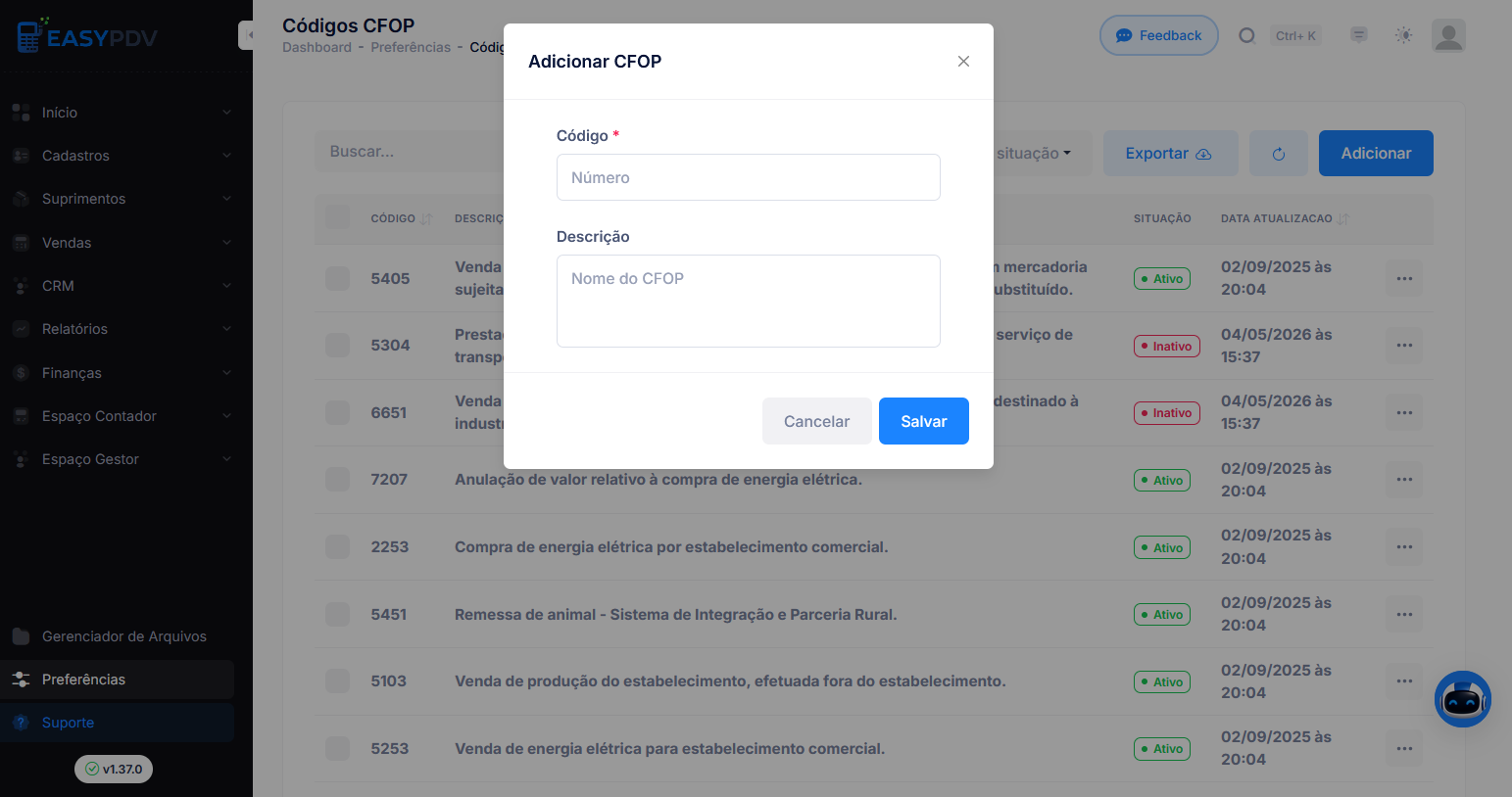 adicionar cfop