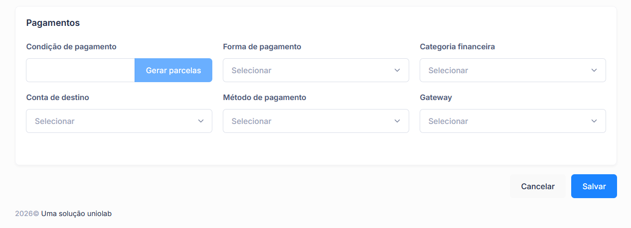 Formulário de cadastro de conta a pagar, área de pagamento