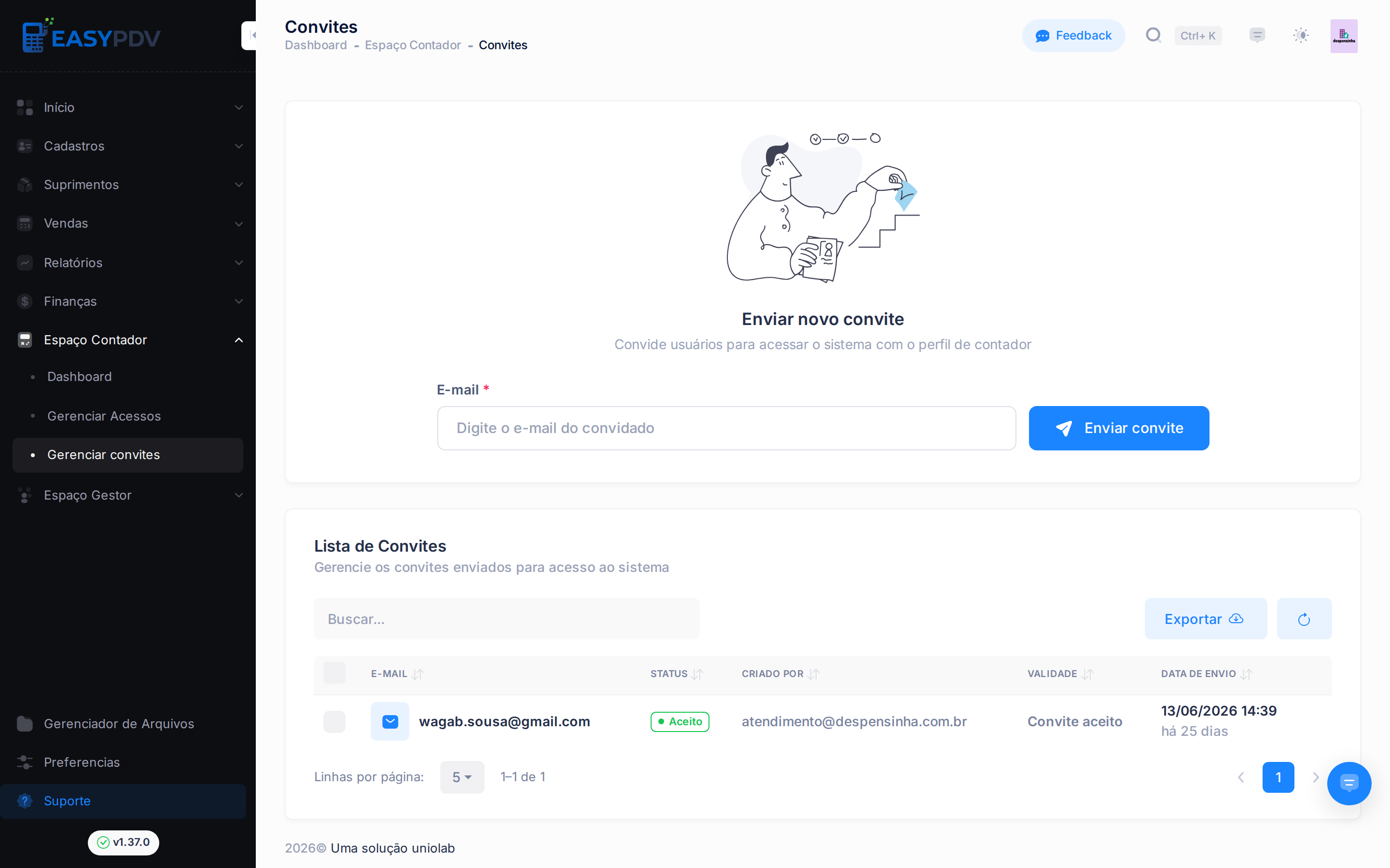 Página de convites com o formulário de envio e a lista de convites enviados com seus status