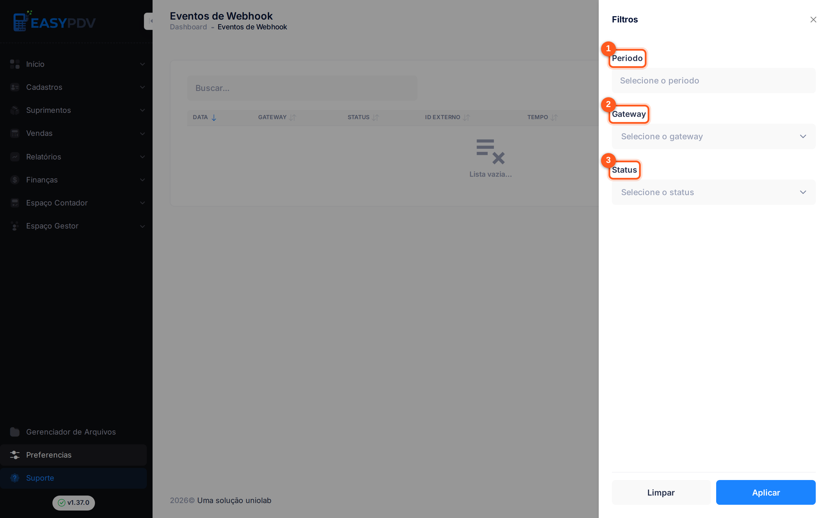 Painel de filtros de Eventos de webhook, com os três campos numerados