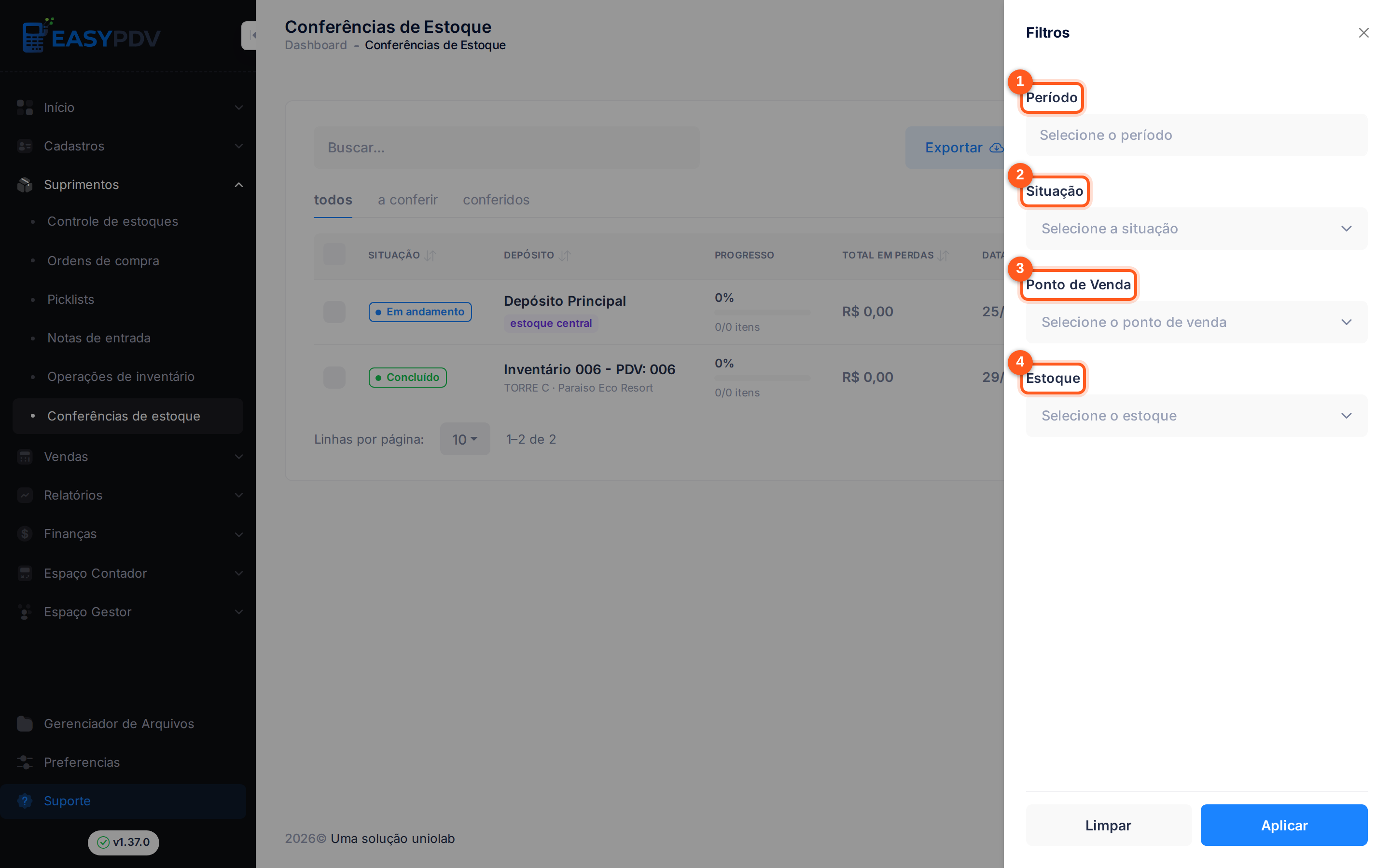 Painel de filtros de conferências de estoque