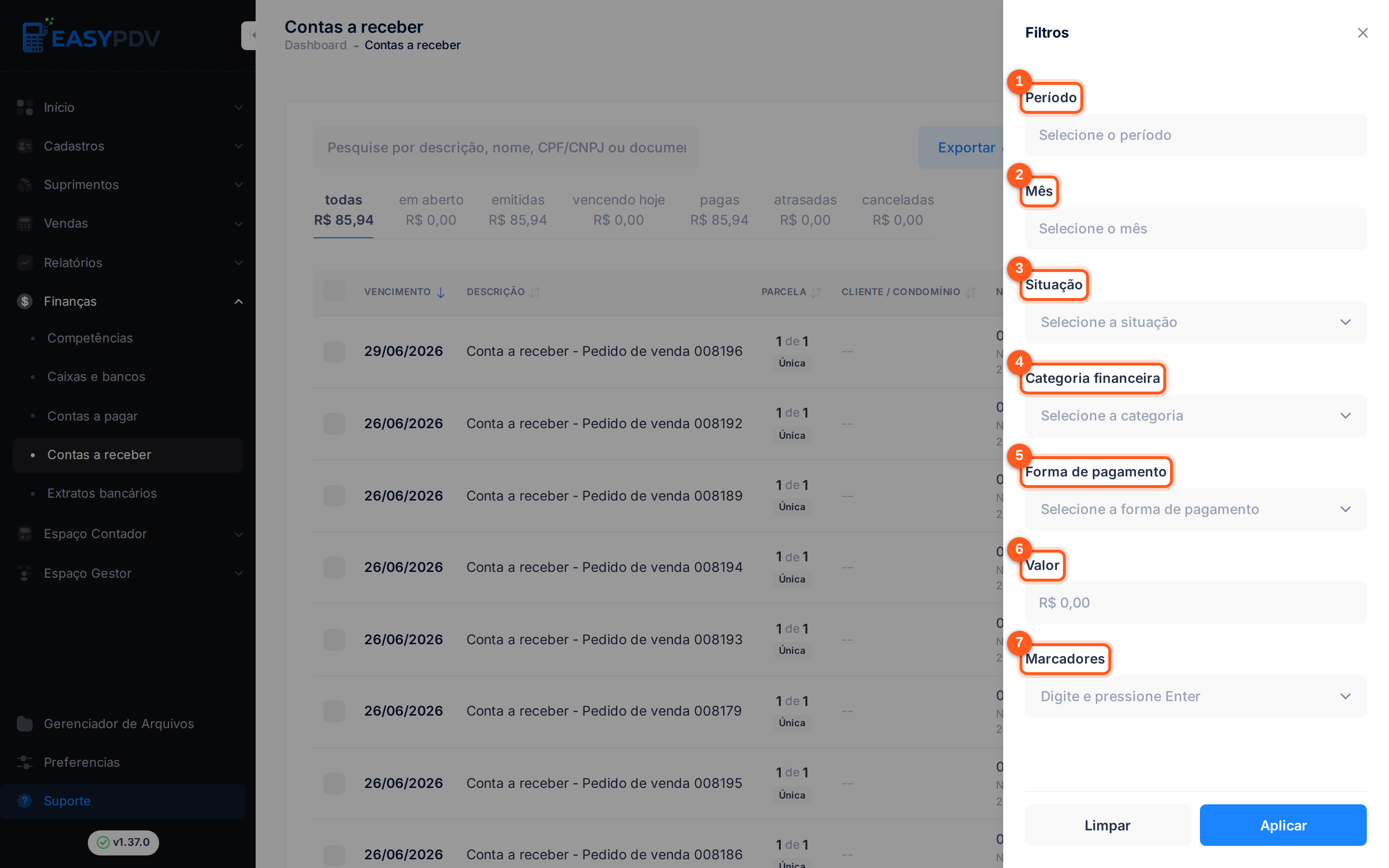 Painel de filtros de Contas a Receber com os sete critérios numerados de 1 a 7