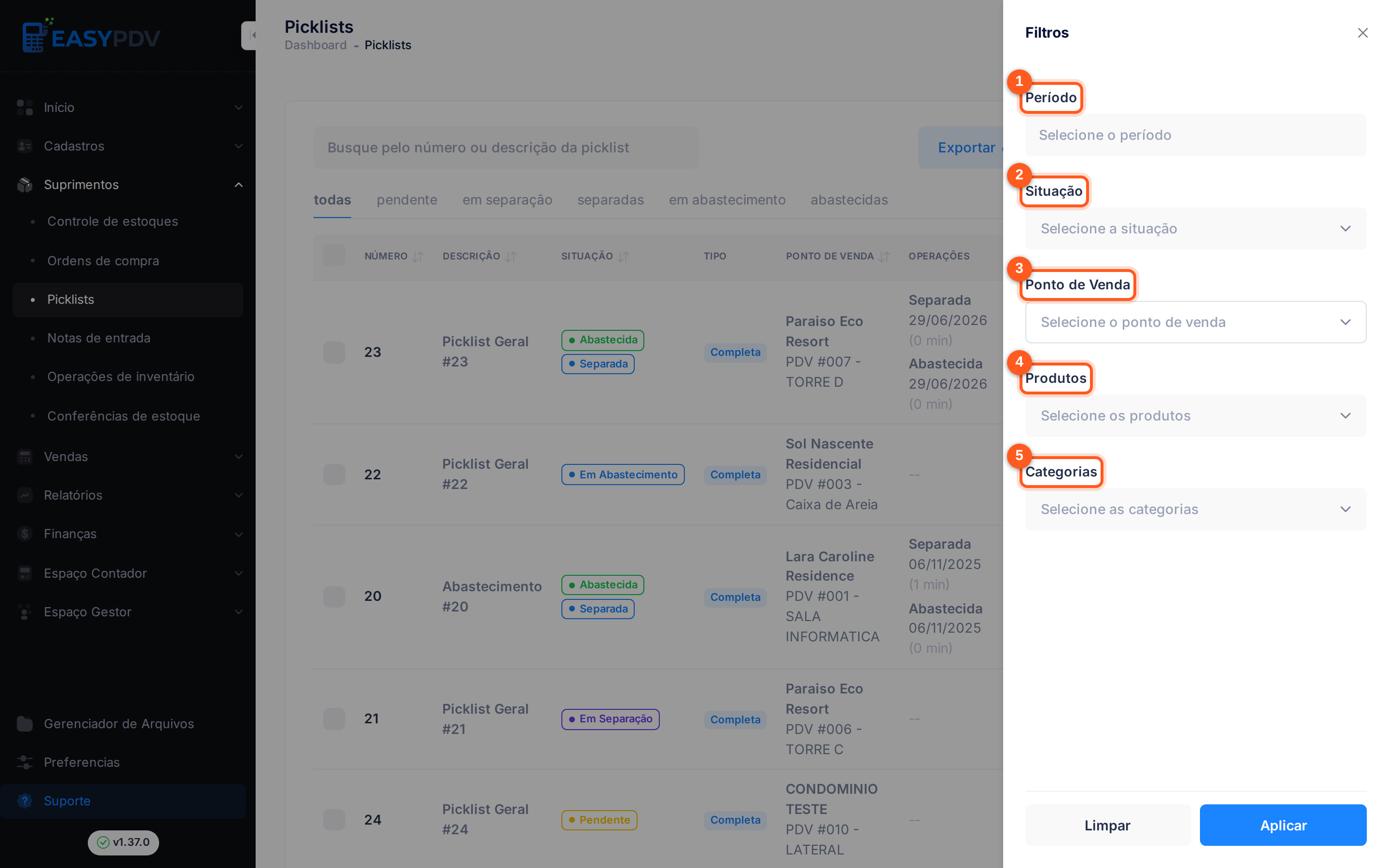 Painel de filtros de picklists