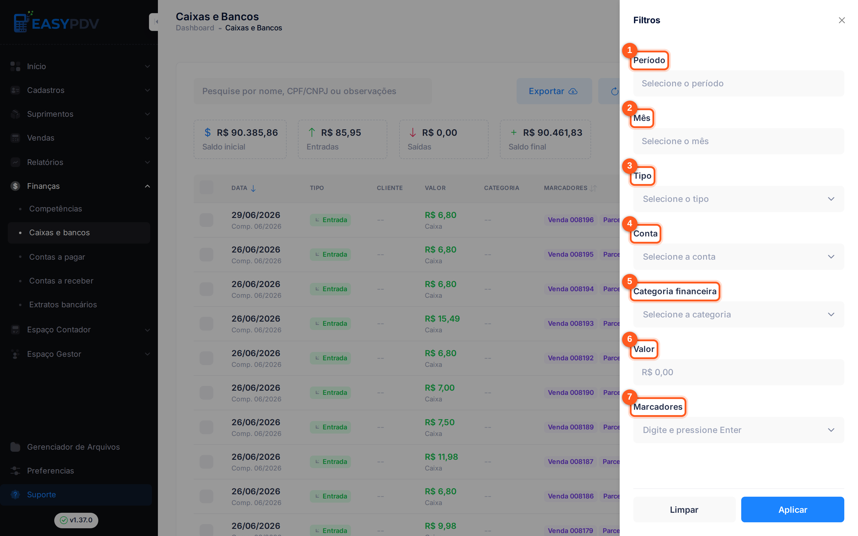 Painel de filtros de Caixas e Bancos com os sete critérios numerados de 1 a 7