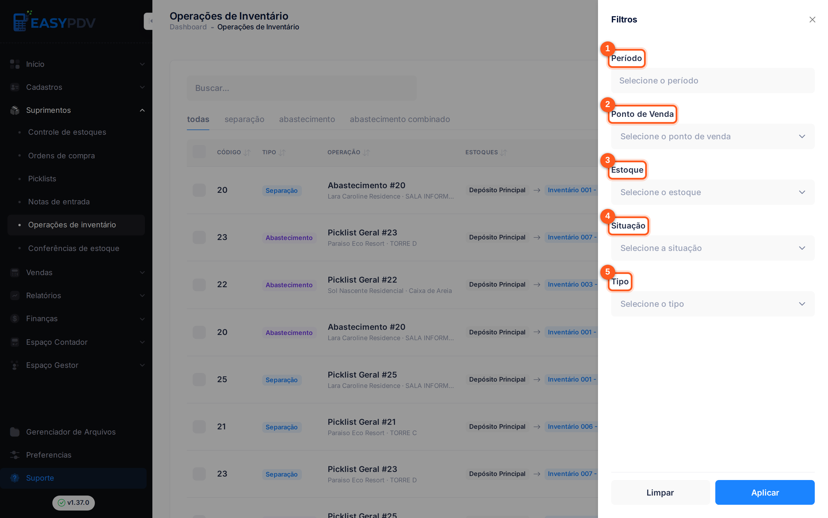 Painel de filtros de operações de inventário