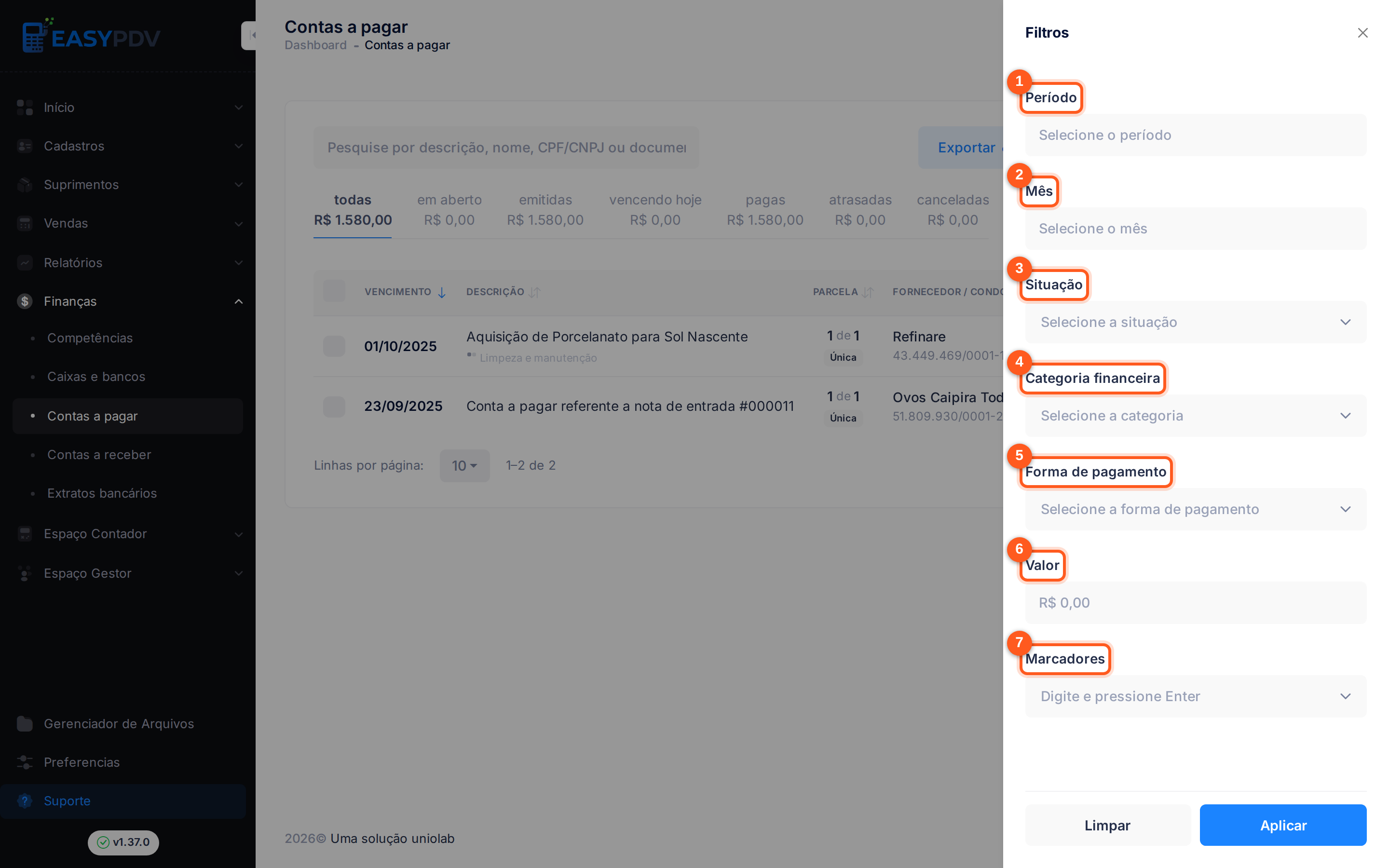 Painel de filtros de Contas a Pagar com os sete critérios numerados de 1 a 7