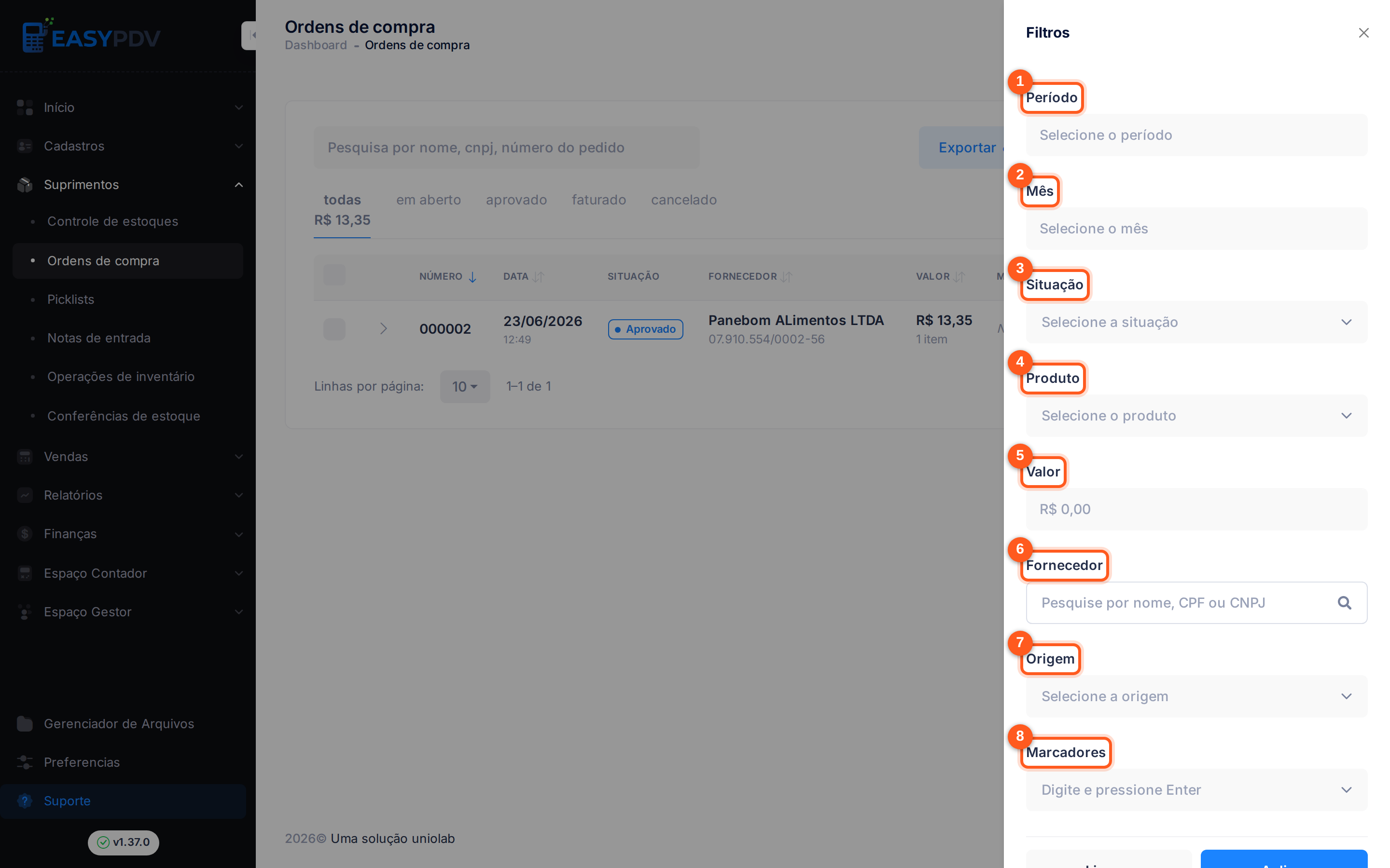 Painel de filtros de ordens de compra