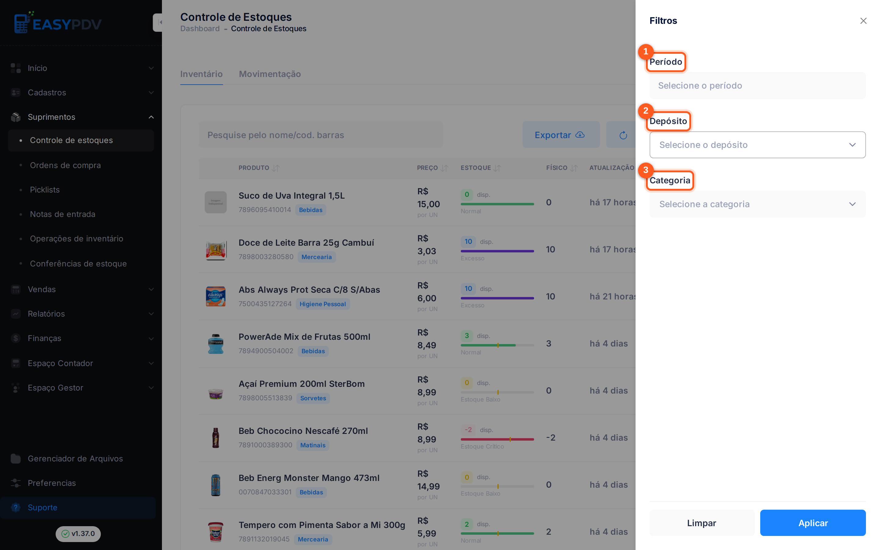 Painel de filtros de estoque: Período, Depósito e Categoria