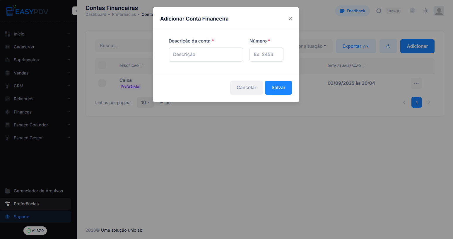 adicionar conta financeira