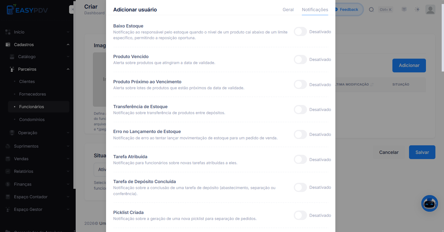 Formulário de cadastro de funcionário, aba de mensagens