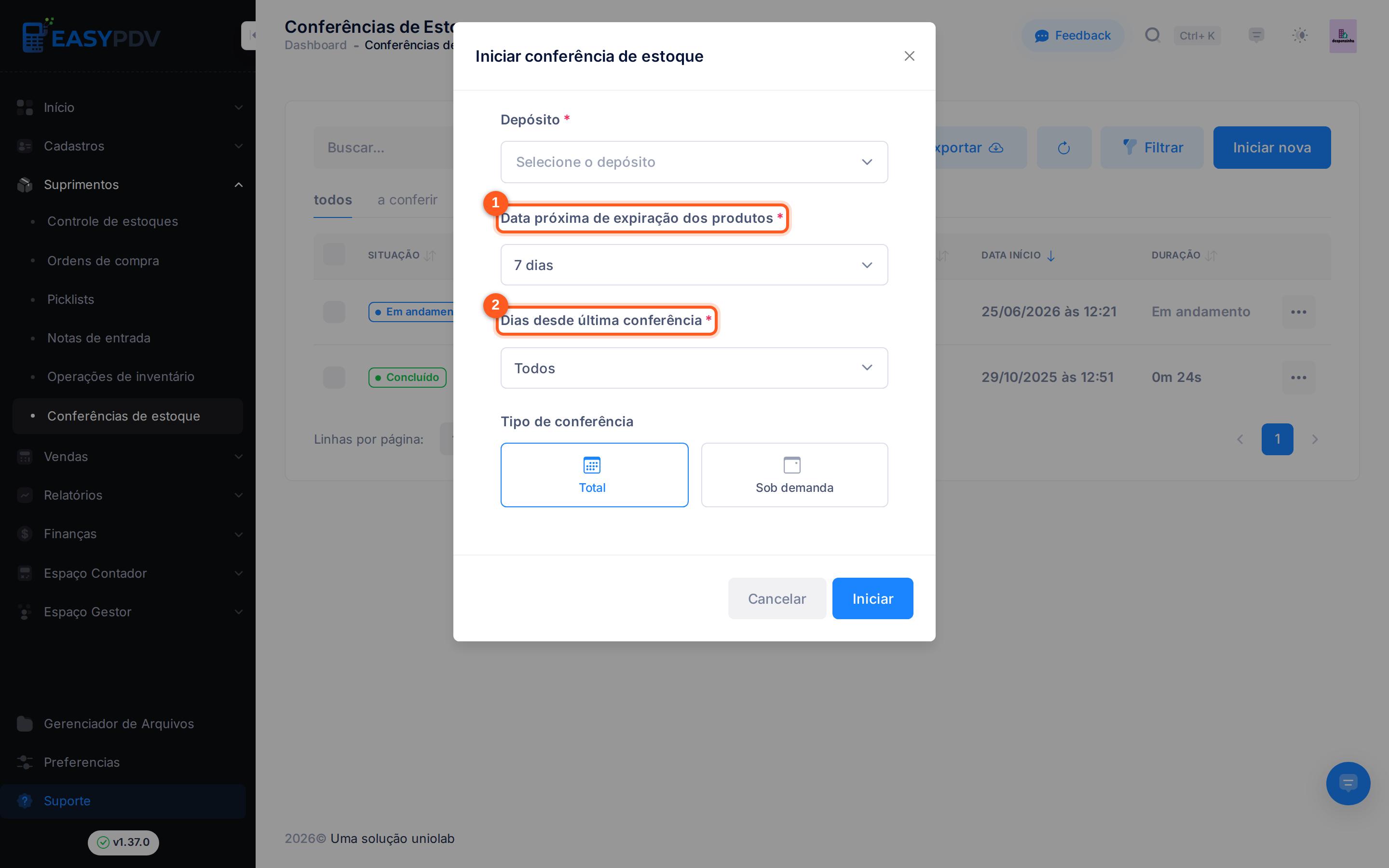 Modal Iniciar conferência de estoque com os campos Depósito, filtros e Tipo de conferência