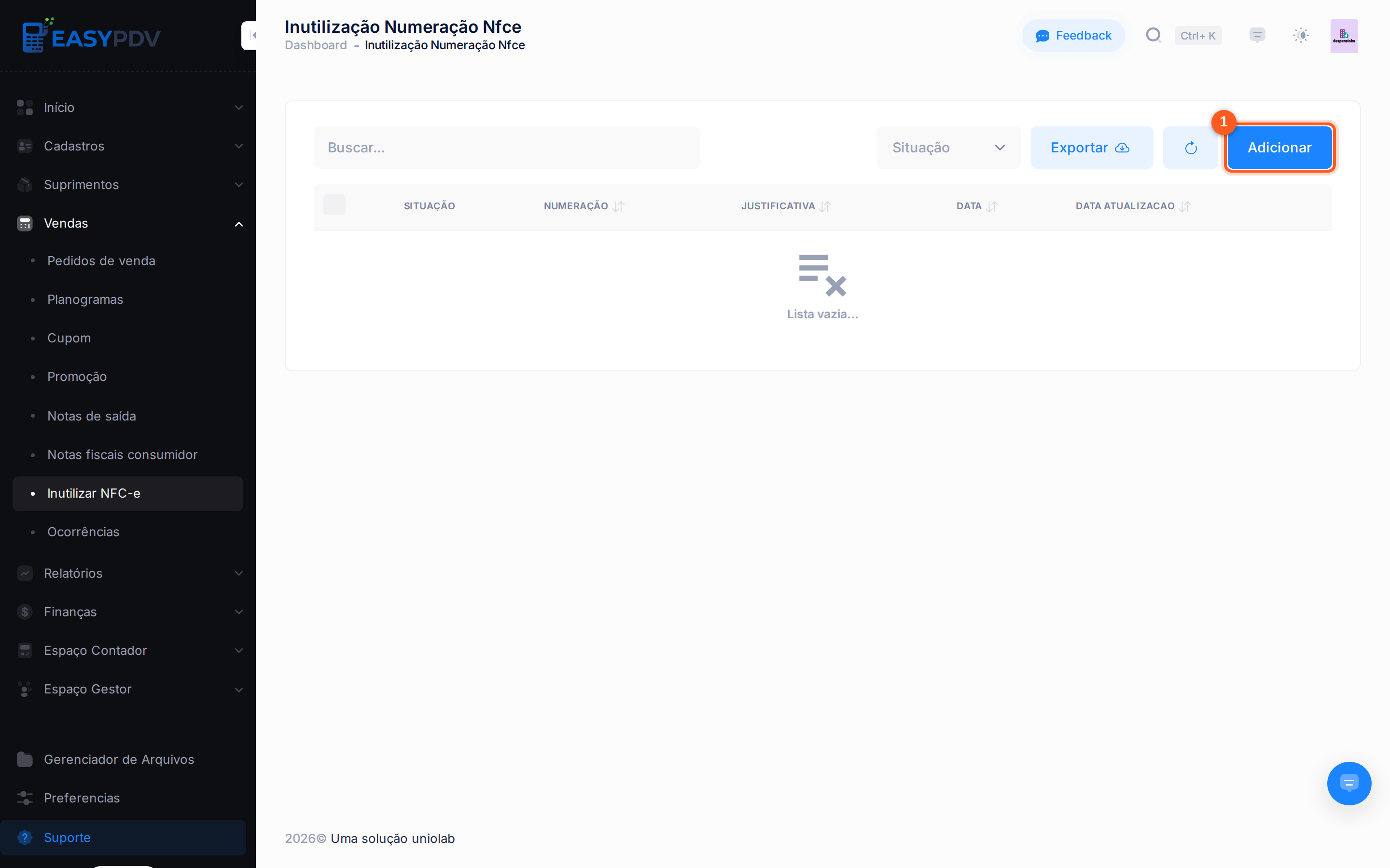 Listagem de inutilização de NFC-e com o botão Adicionar destacado