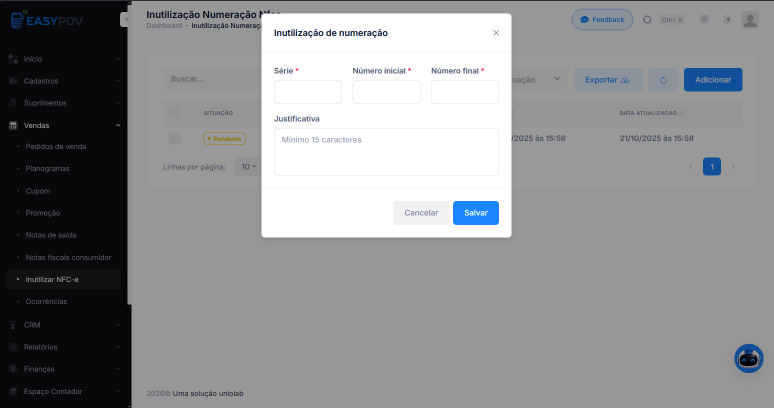 Janela de adição de inutilização