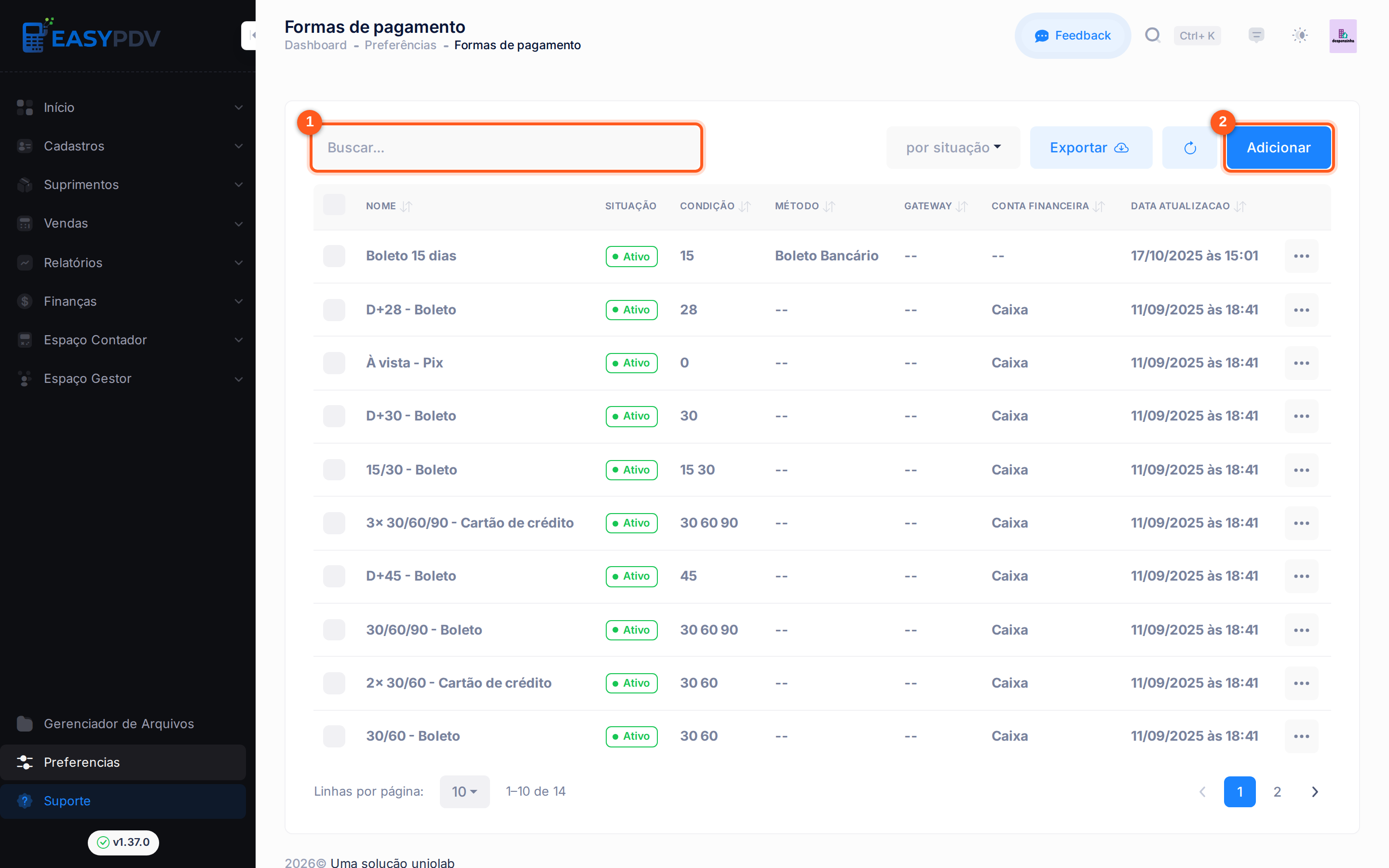 Barra de ferramentas de Formas de pagamento, com Buscar e Adicionar destacados