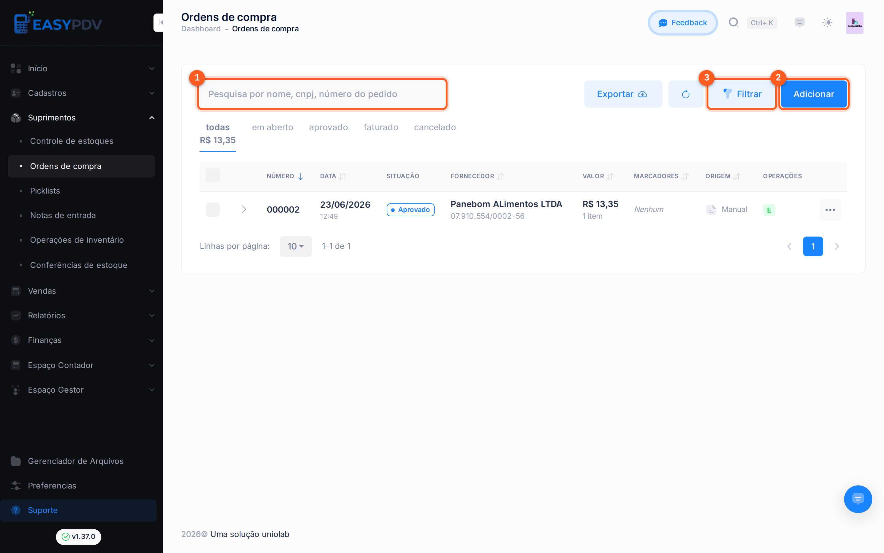 Listagem de ordens de compra com a barra de ferramentas: Buscar, Adicionar e Filtrar