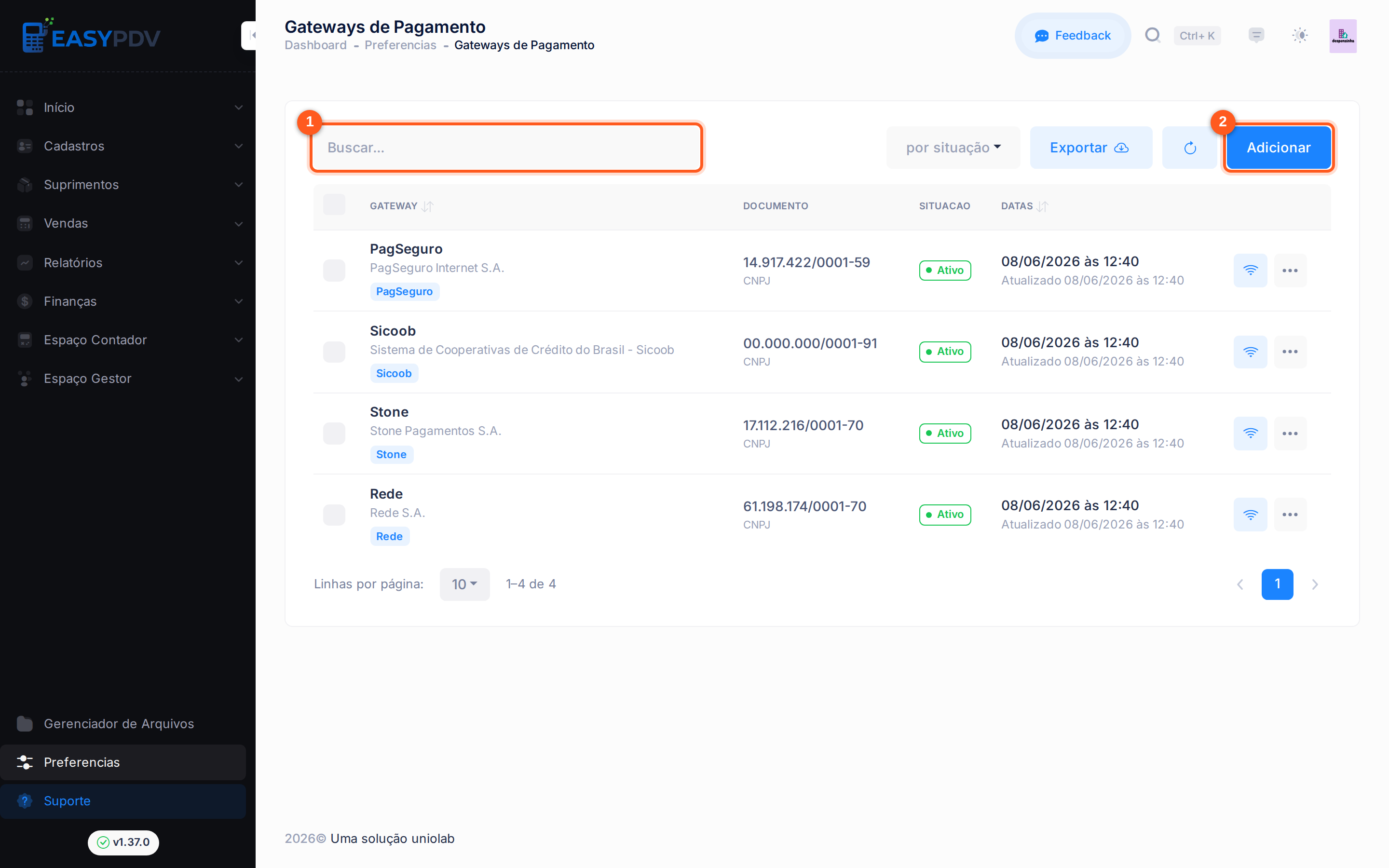 Barra de ferramentas de Gateways de pagamento, com Buscar e Adicionar destacados