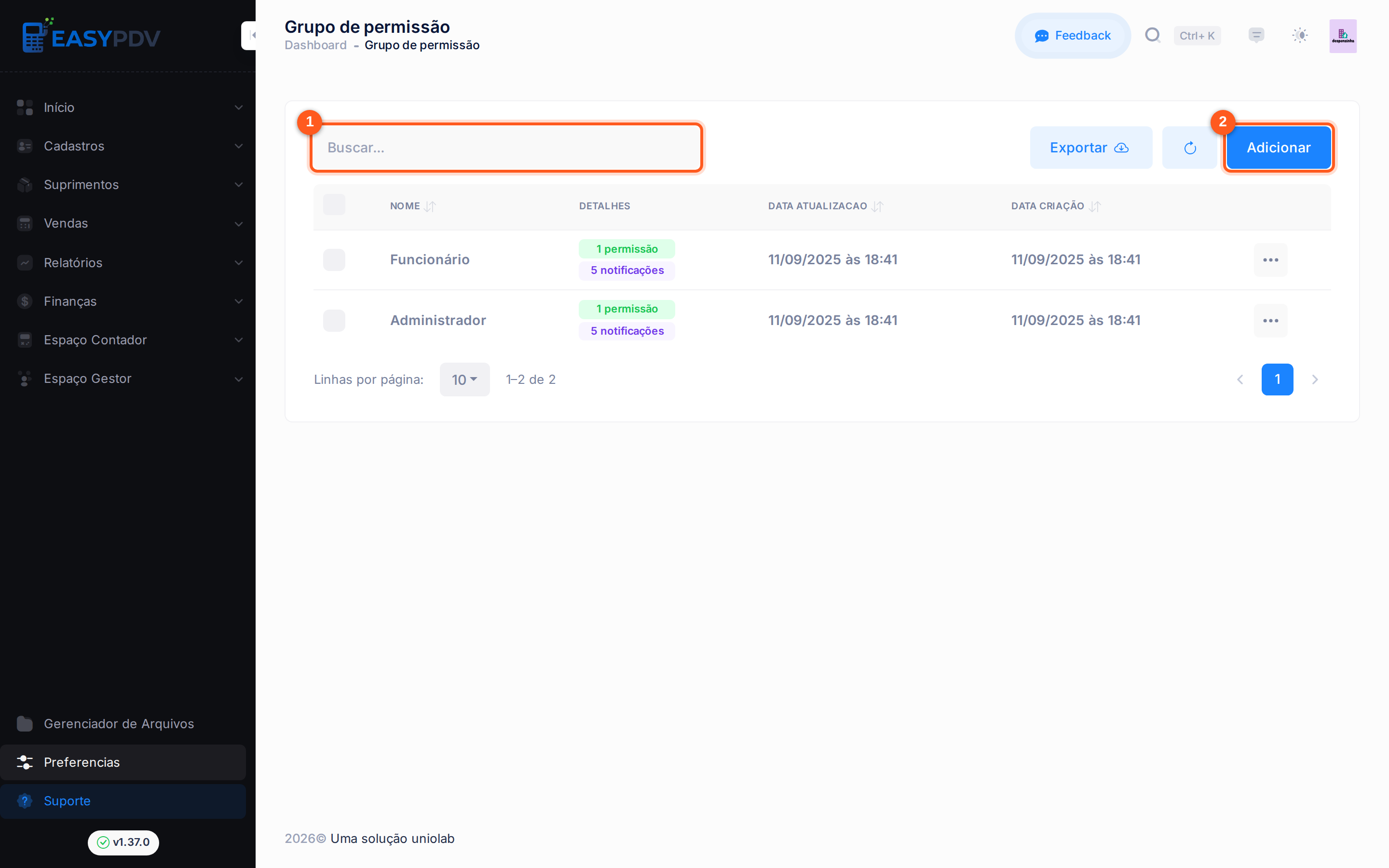 Barra de ferramentas de Grupos de Permissão, com Buscar e Adicionar destacados