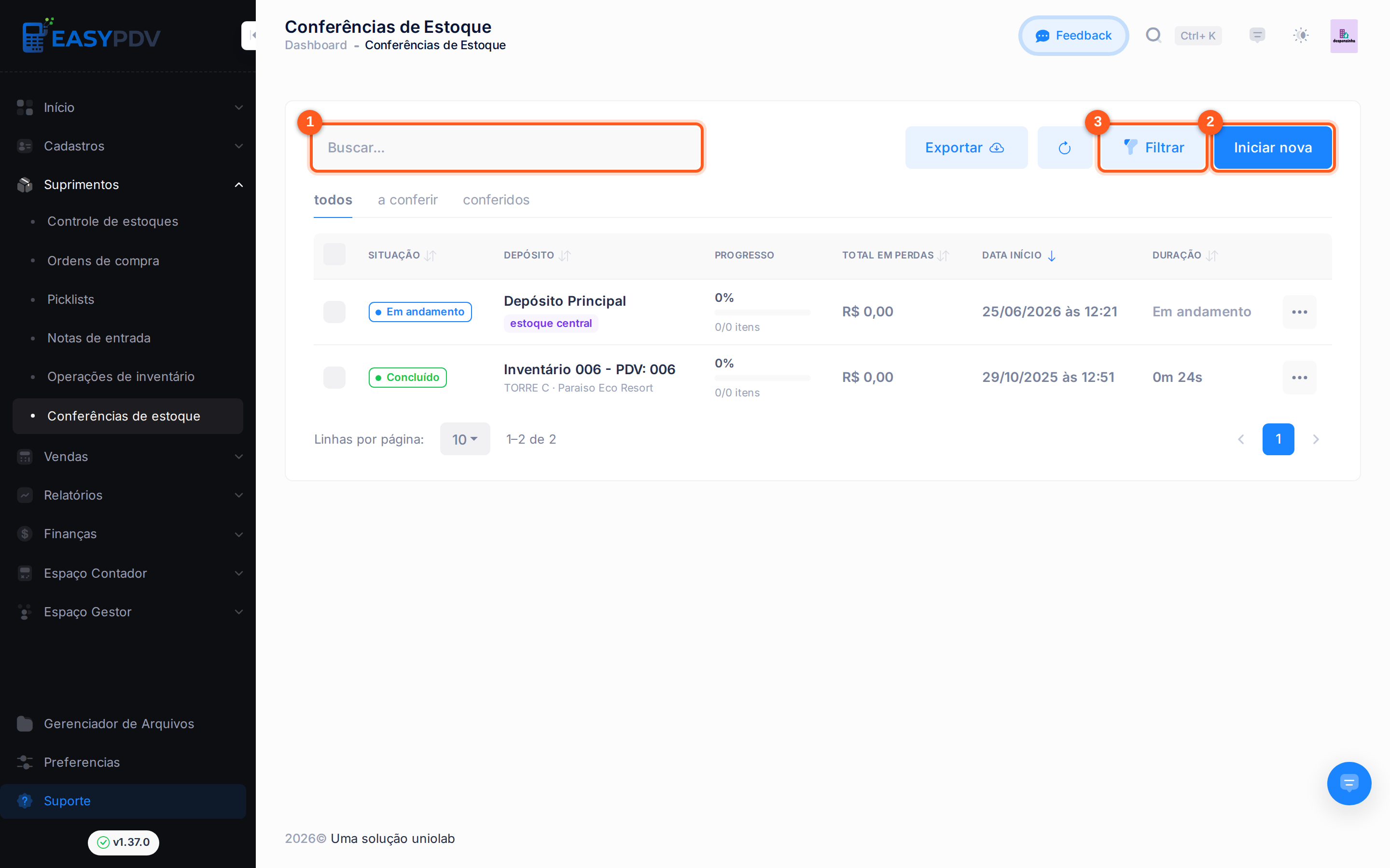 Listagem de conferências de estoque com a barra de ferramentas: Buscar, Iniciar nova e Filtrar