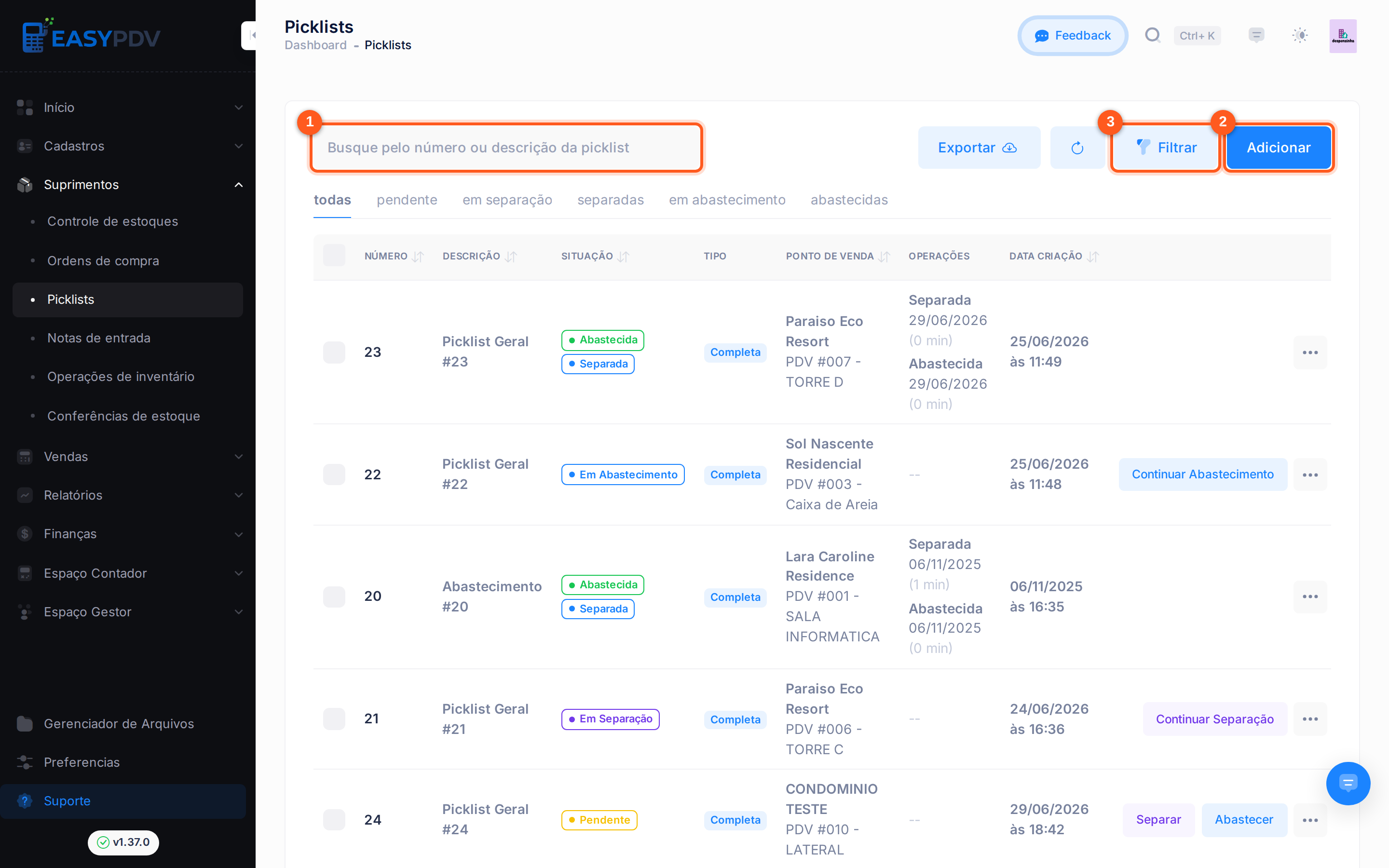 Listagem de picklists com a barra de ferramentas: Buscar, Adicionar e Filtrar