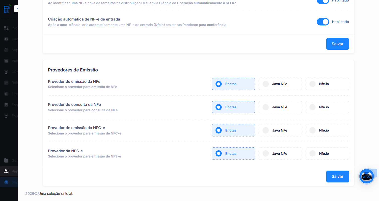 Área de configuração dos provedores de emissão