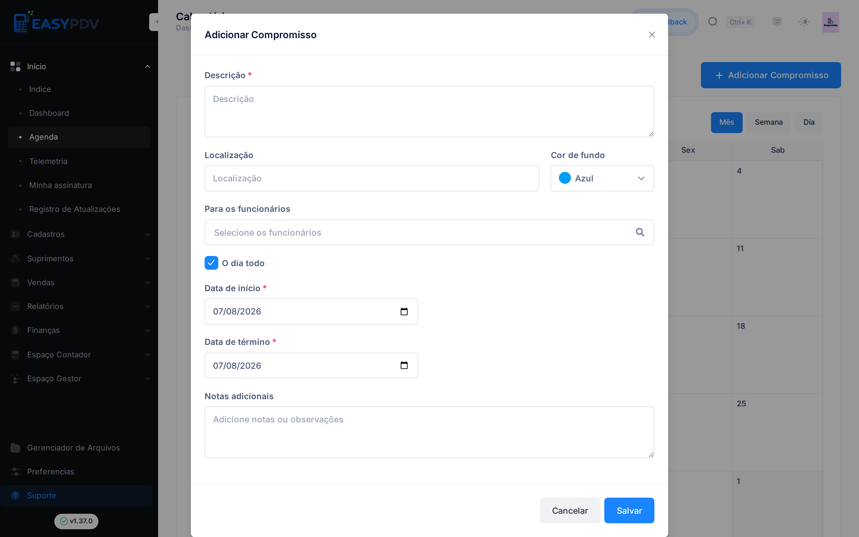 Modal Adicionar Compromisso com descrição, cor, funcionários e datas
