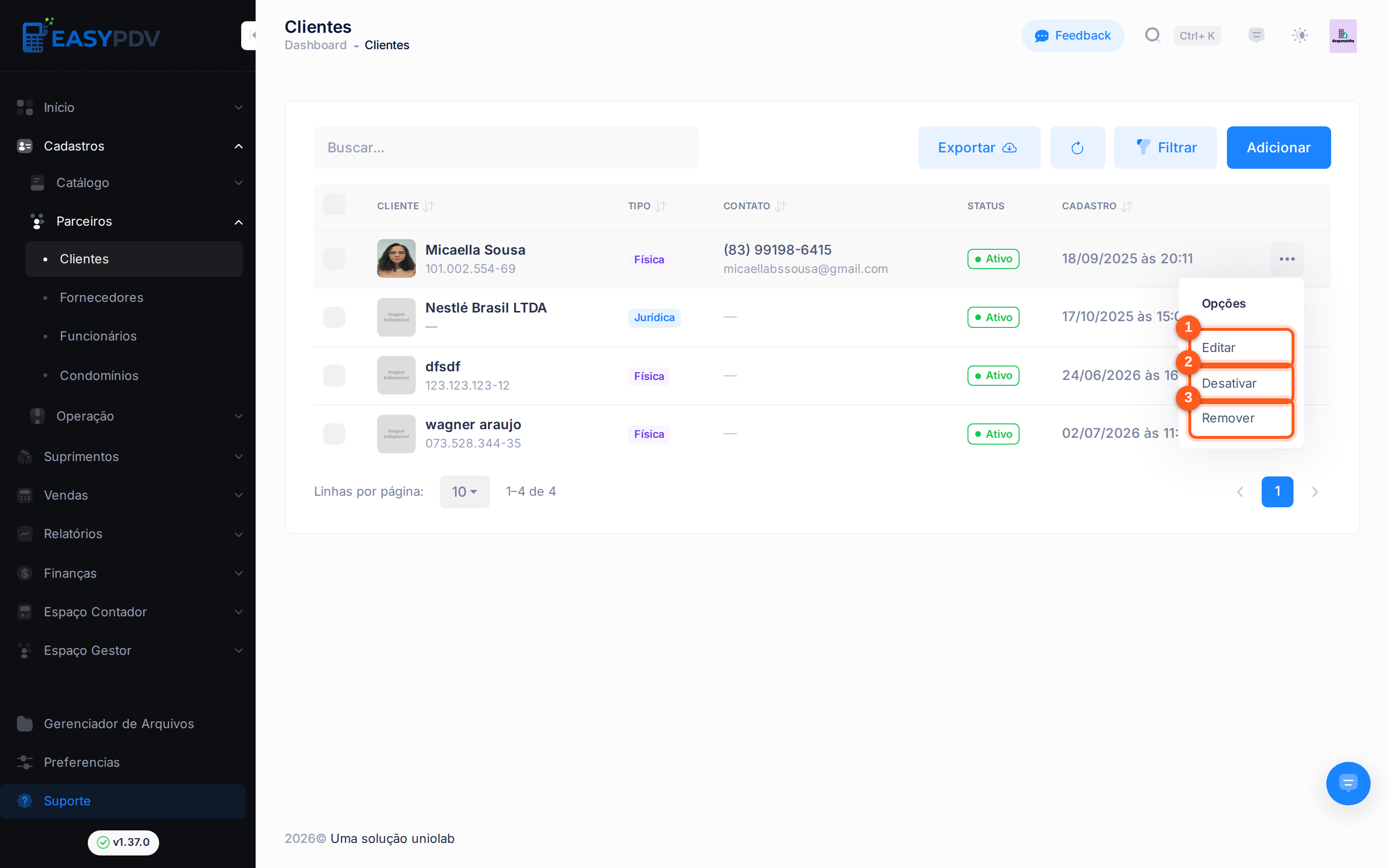 Menu de opções de um cliente, com os itens numerados