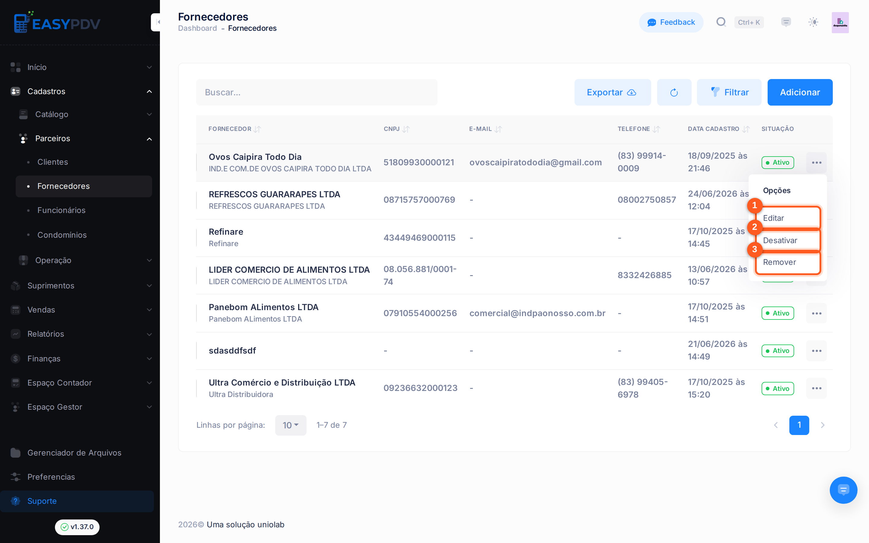 Menu de opções de um fornecedor, com os itens numerados