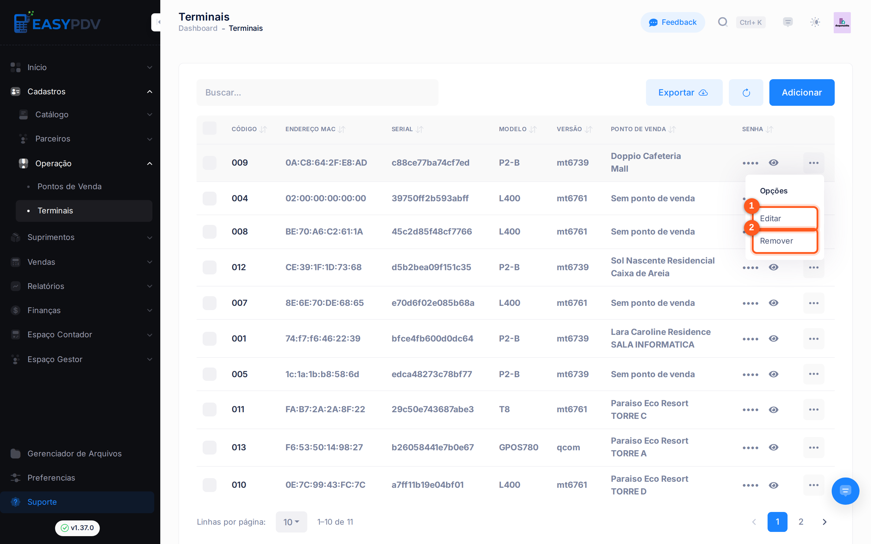 Menu de opções de um terminal, com os itens numerados