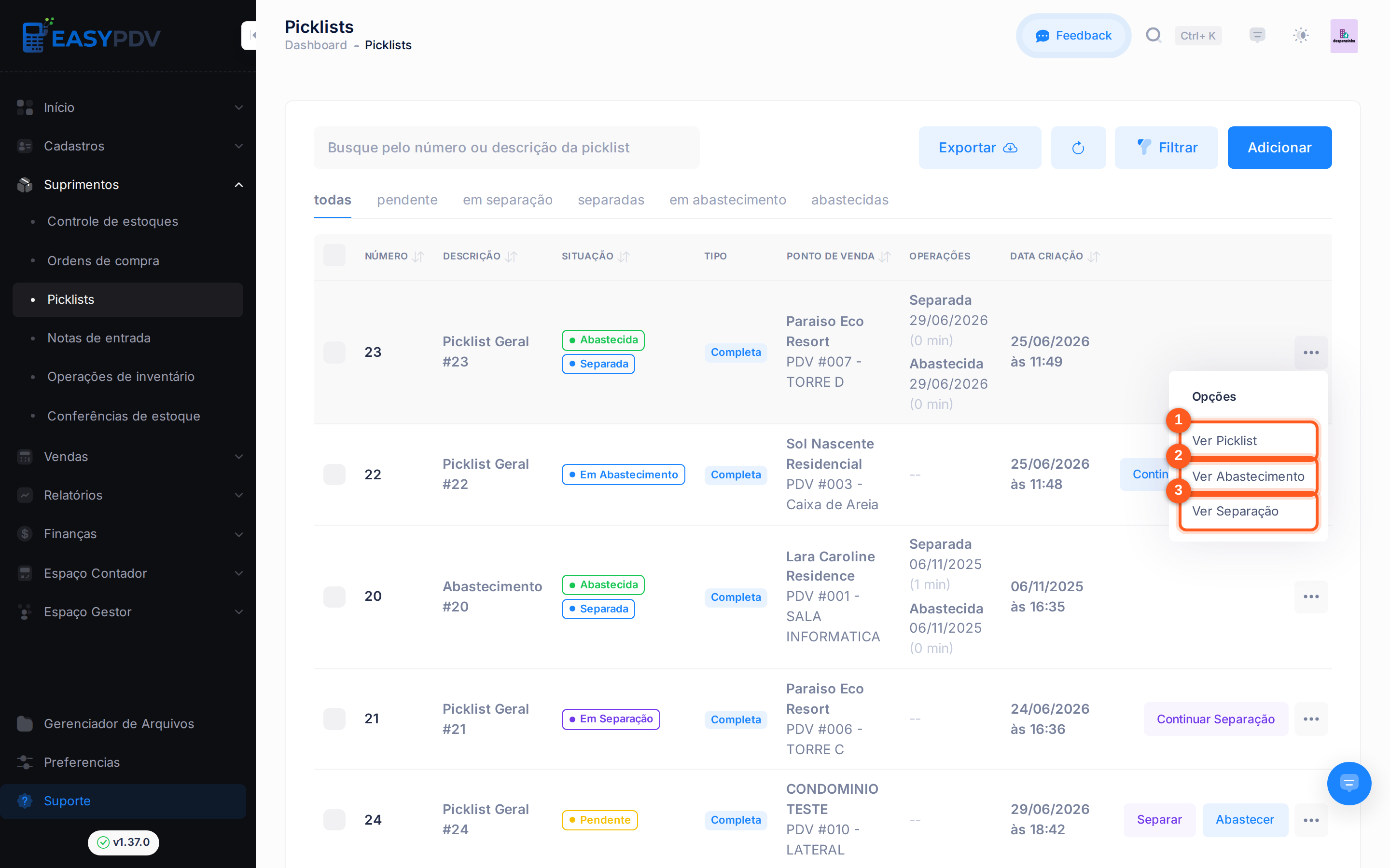 Menu de opções de uma picklist abastecida