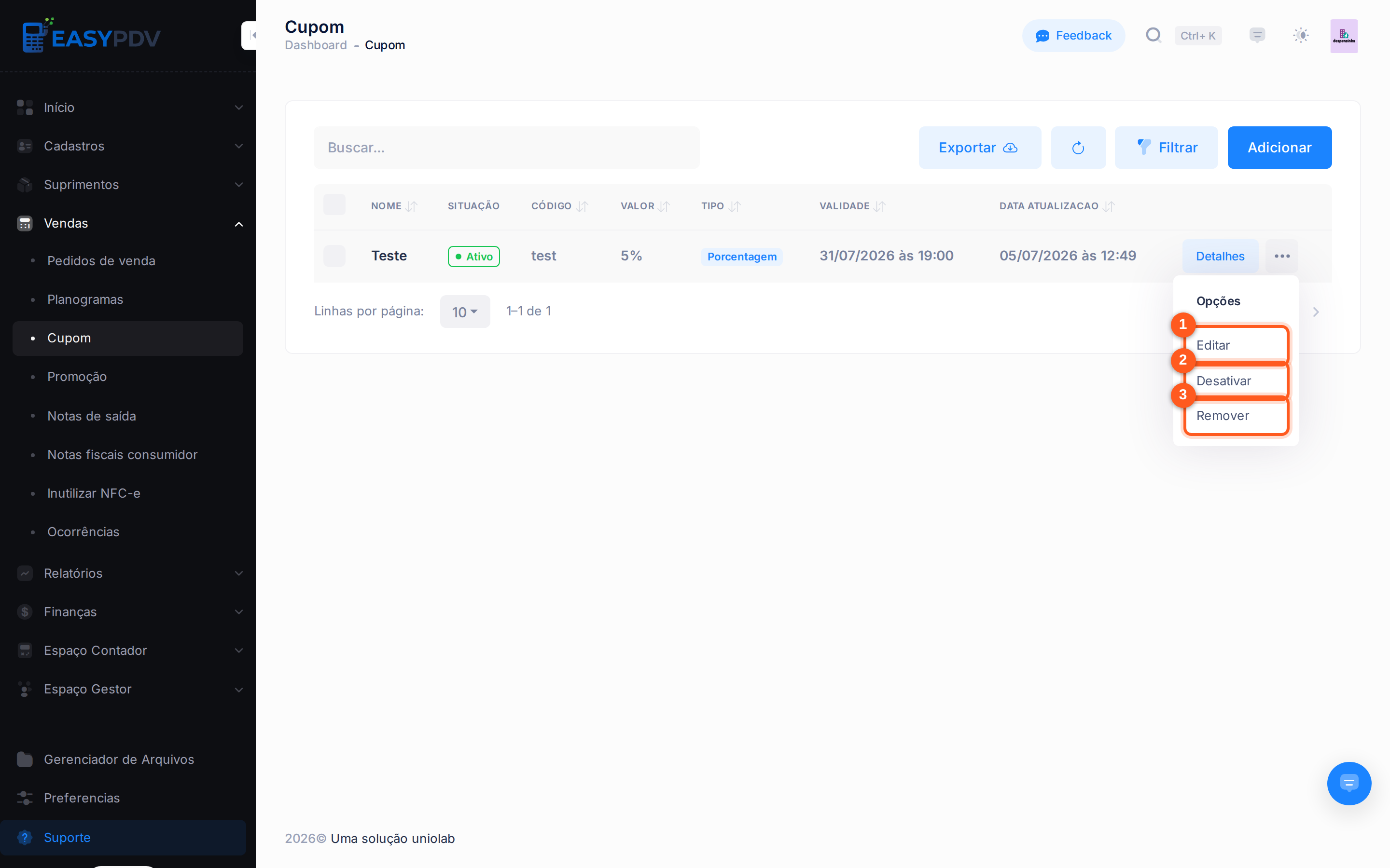 Menu de opções de um cupom, com os itens numerados