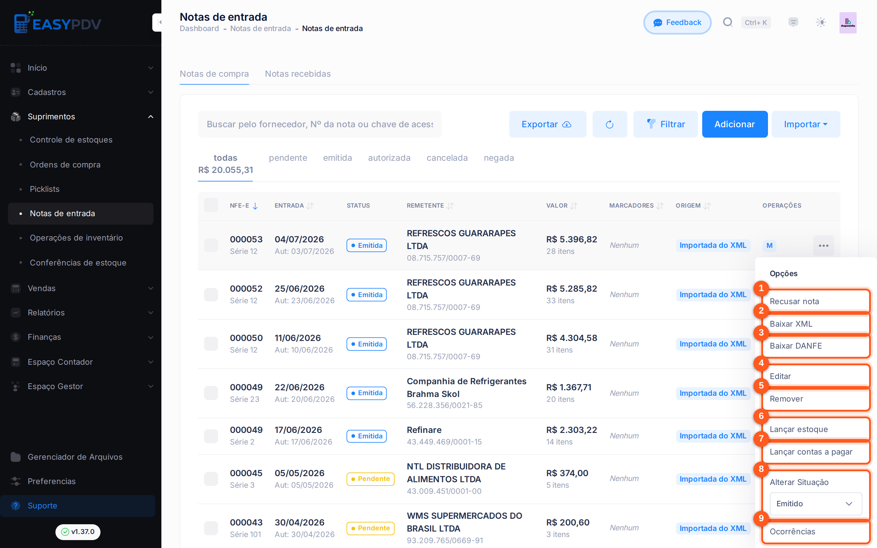 Menu de opções de uma nota da listagem com nove ações numeradas: 1 Recusar nota, 2 Baixar XML, 3 Baixar DANFE, 4 Editar, 5 Remover, 6 Lançar estoque, 7 Lançar contas a pagar, 8 Alterar Situação, 9 Ocorrências