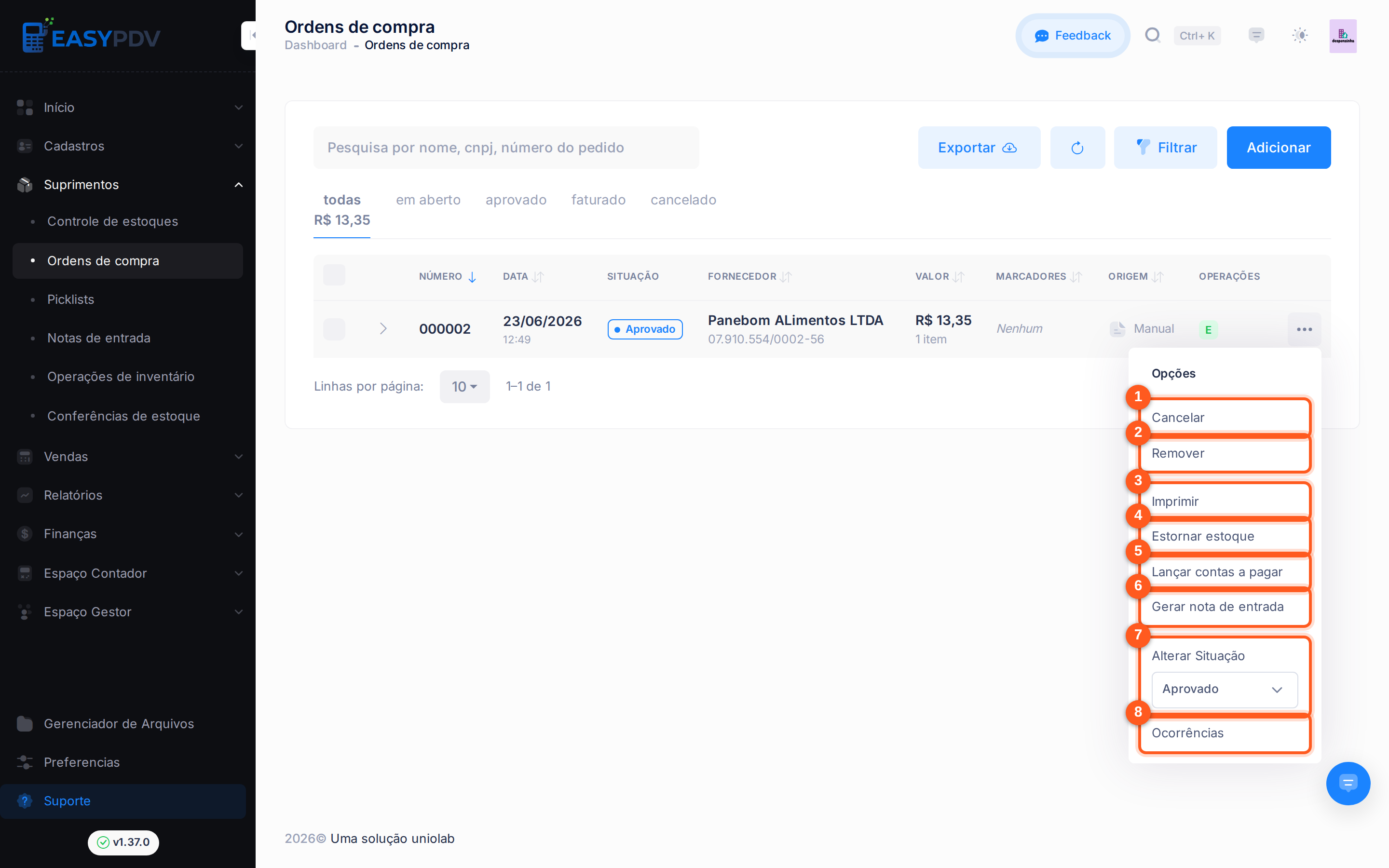 Menu de opções de uma ordem de compra aprovada