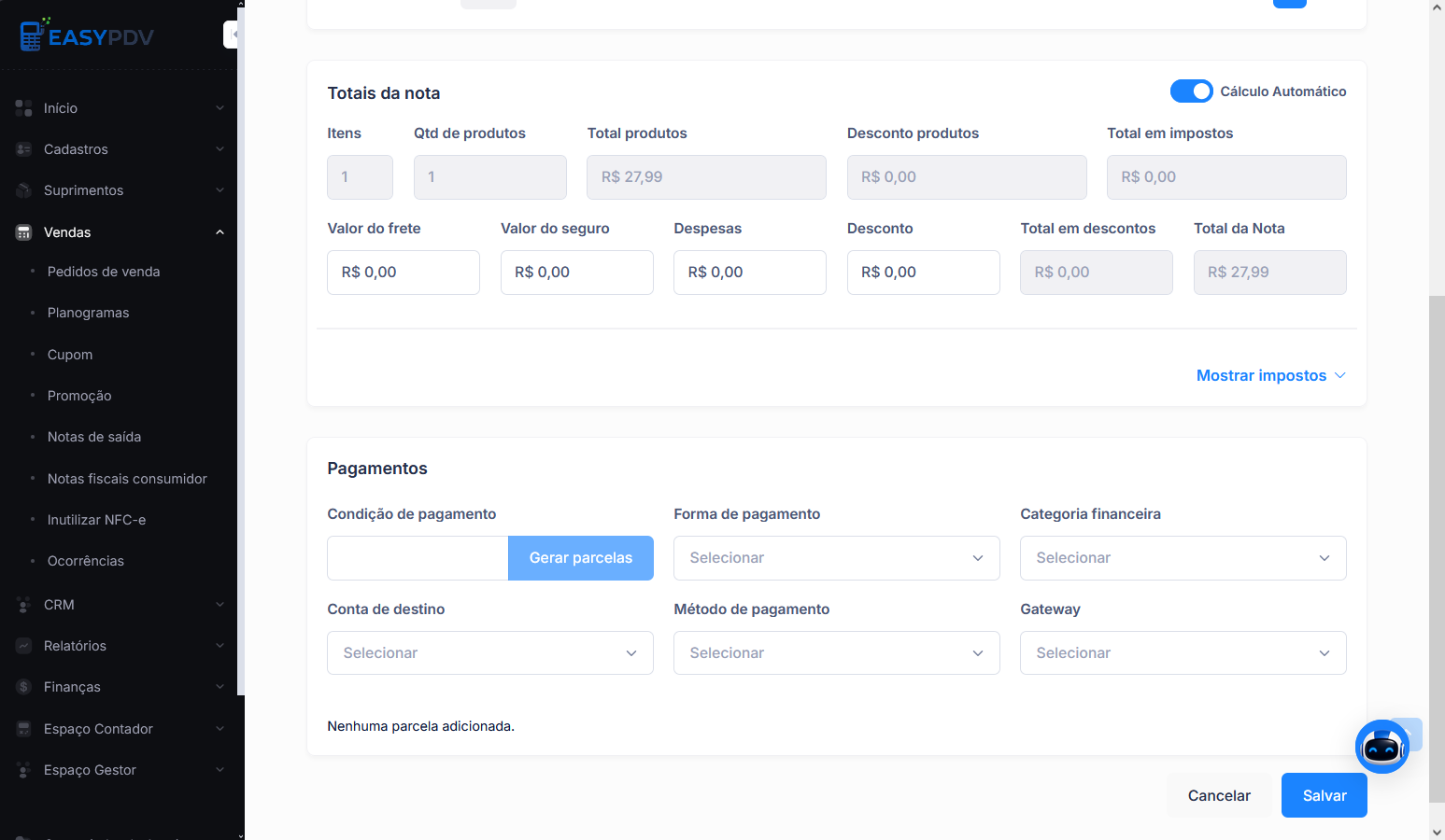 Bloco Pagamentos da NFC-e com categoria financeira e condição de pagamento