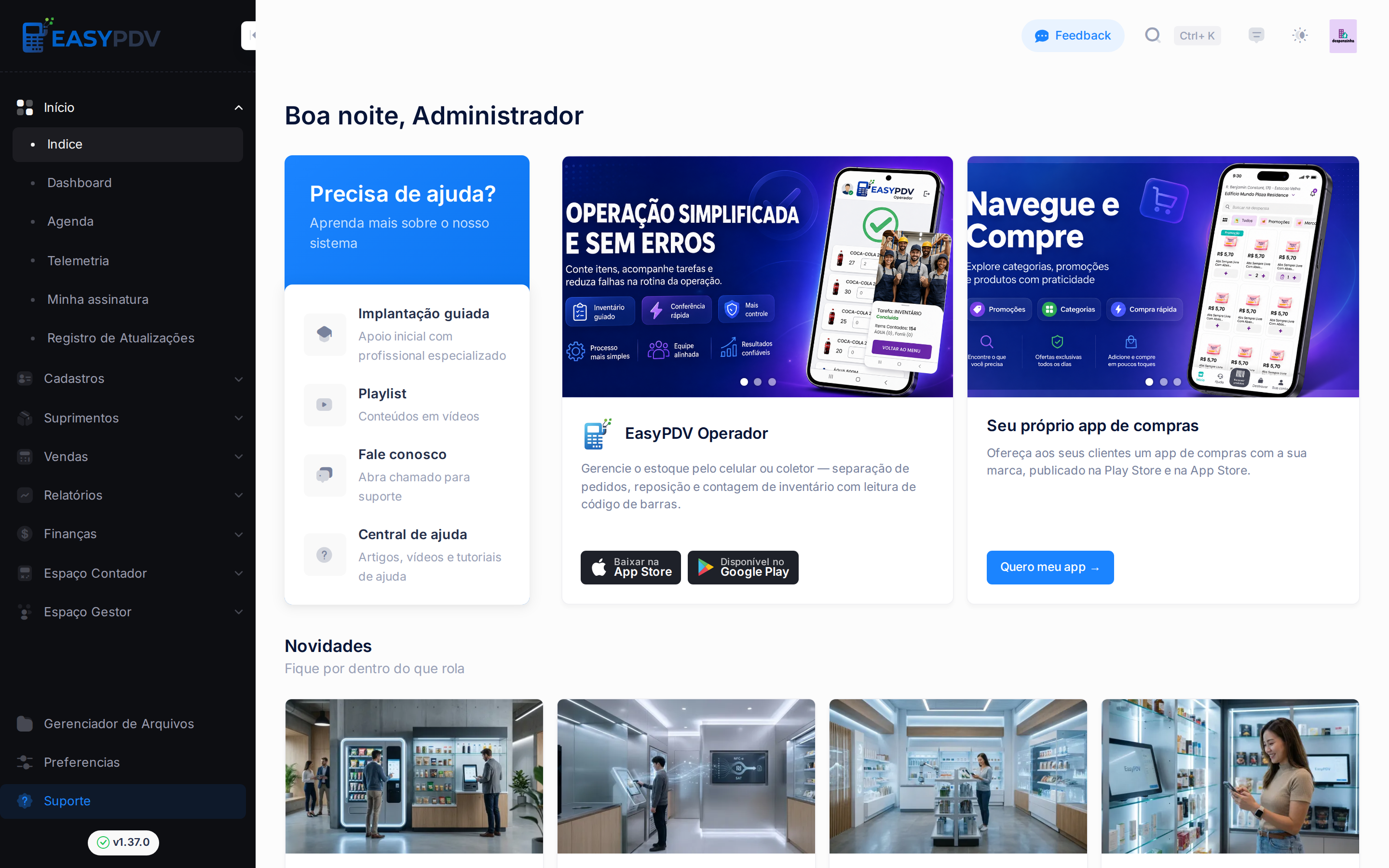 Página inicial do EasyPDV com saudação, card de ajuda, aplicativos e novidades
