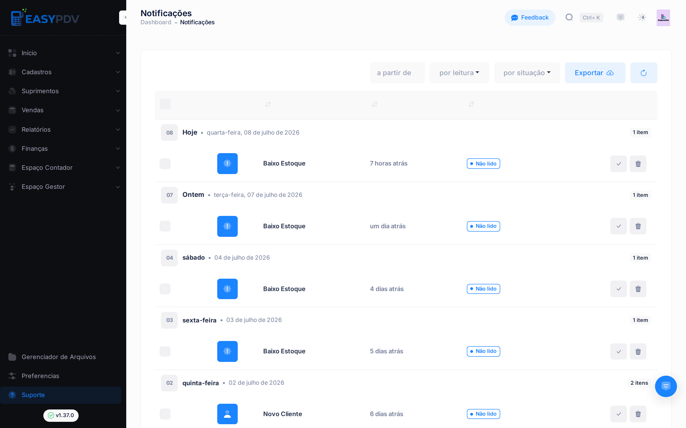 Página de notificações agrupadas por data, com ícone, tipo, tempo decorrido e status de leitura
