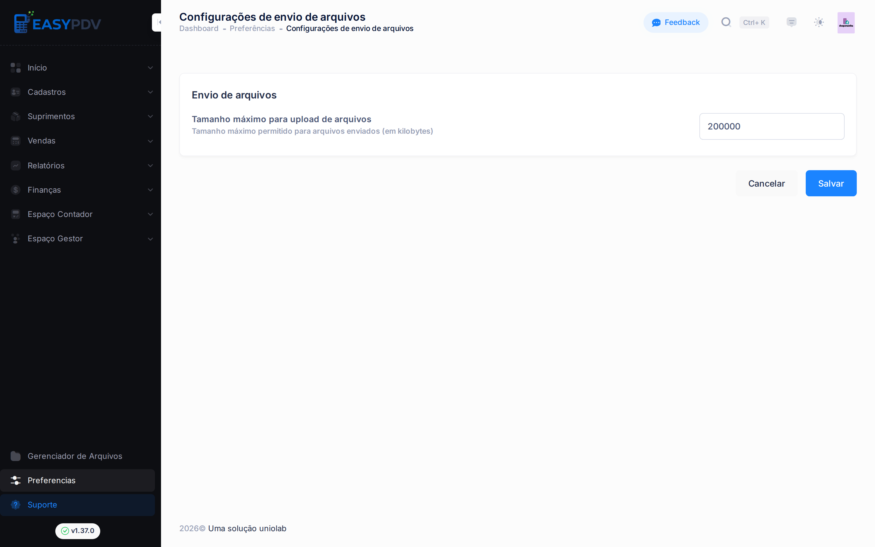 Página de configurações do envio de arquivos com limites de tamanho e tipos aceitos
