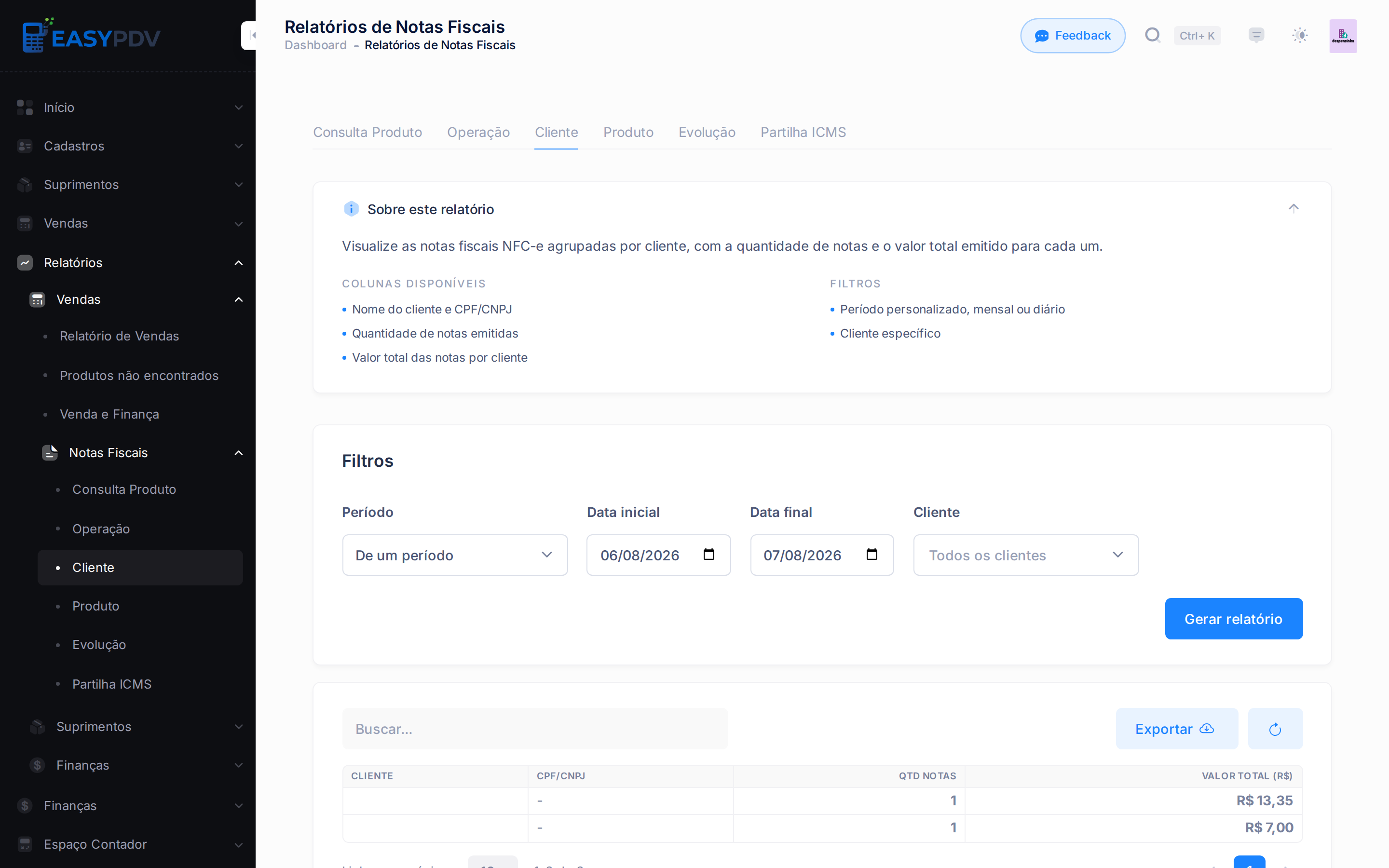 Aba Cliente dos Relatórios de Notas Fiscais