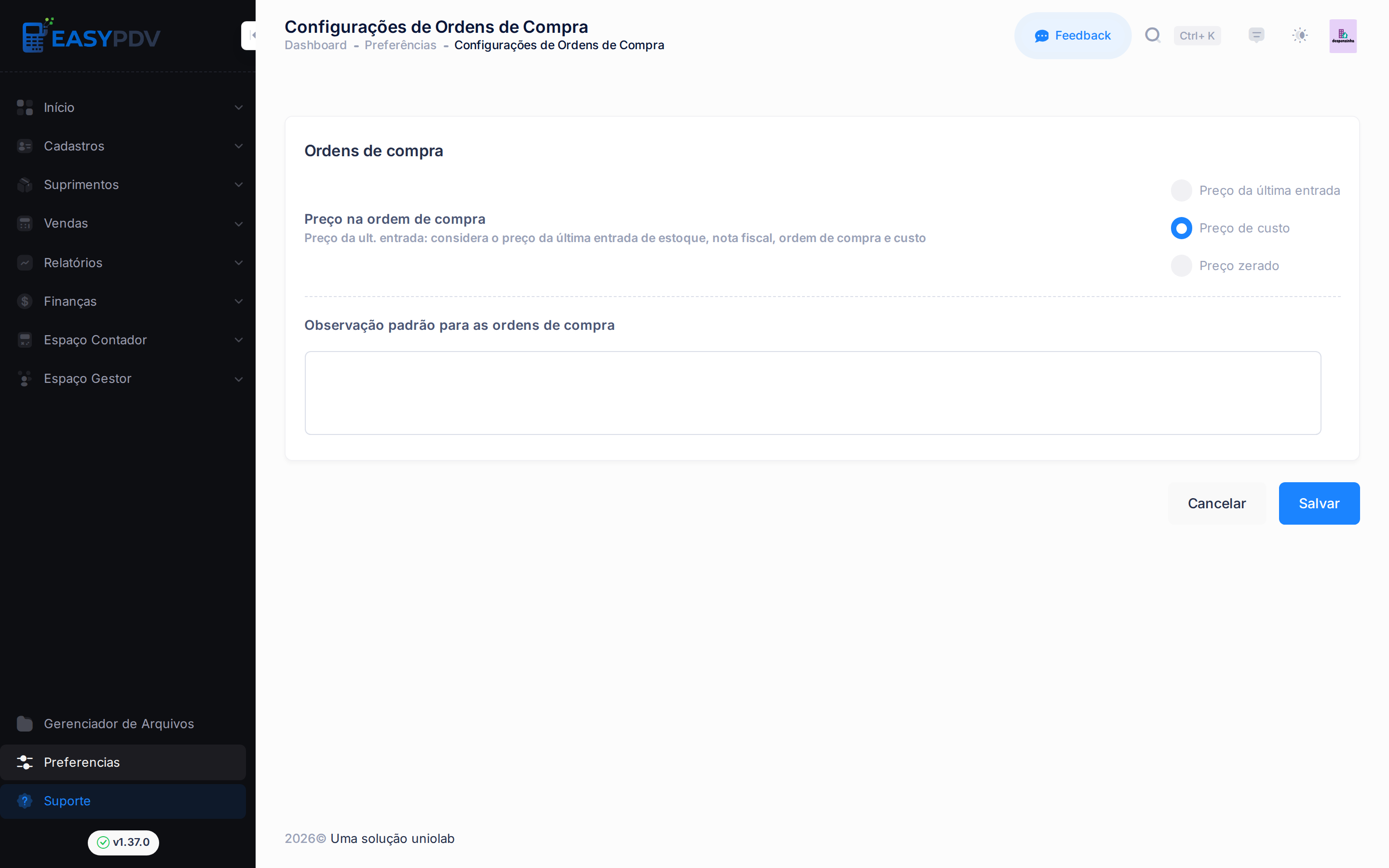 Página de configurações de ordens de compra com a opção de preço e a observação padrão