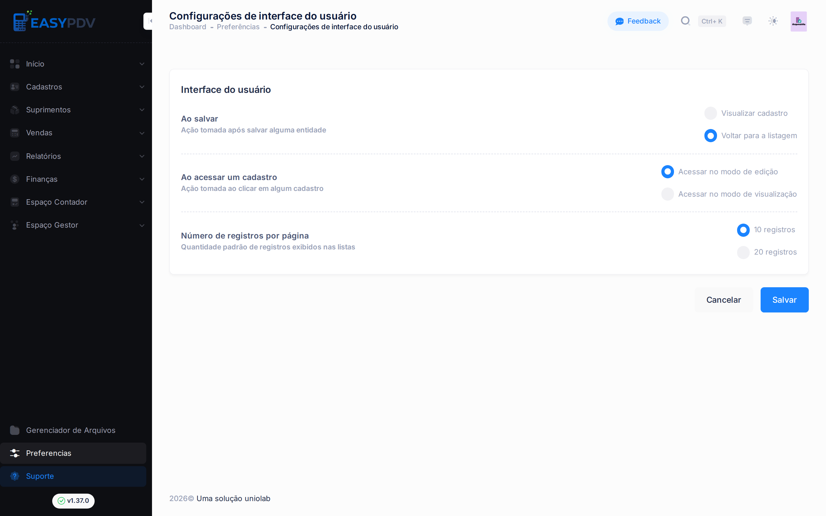 Página de configurações da interface de usuário